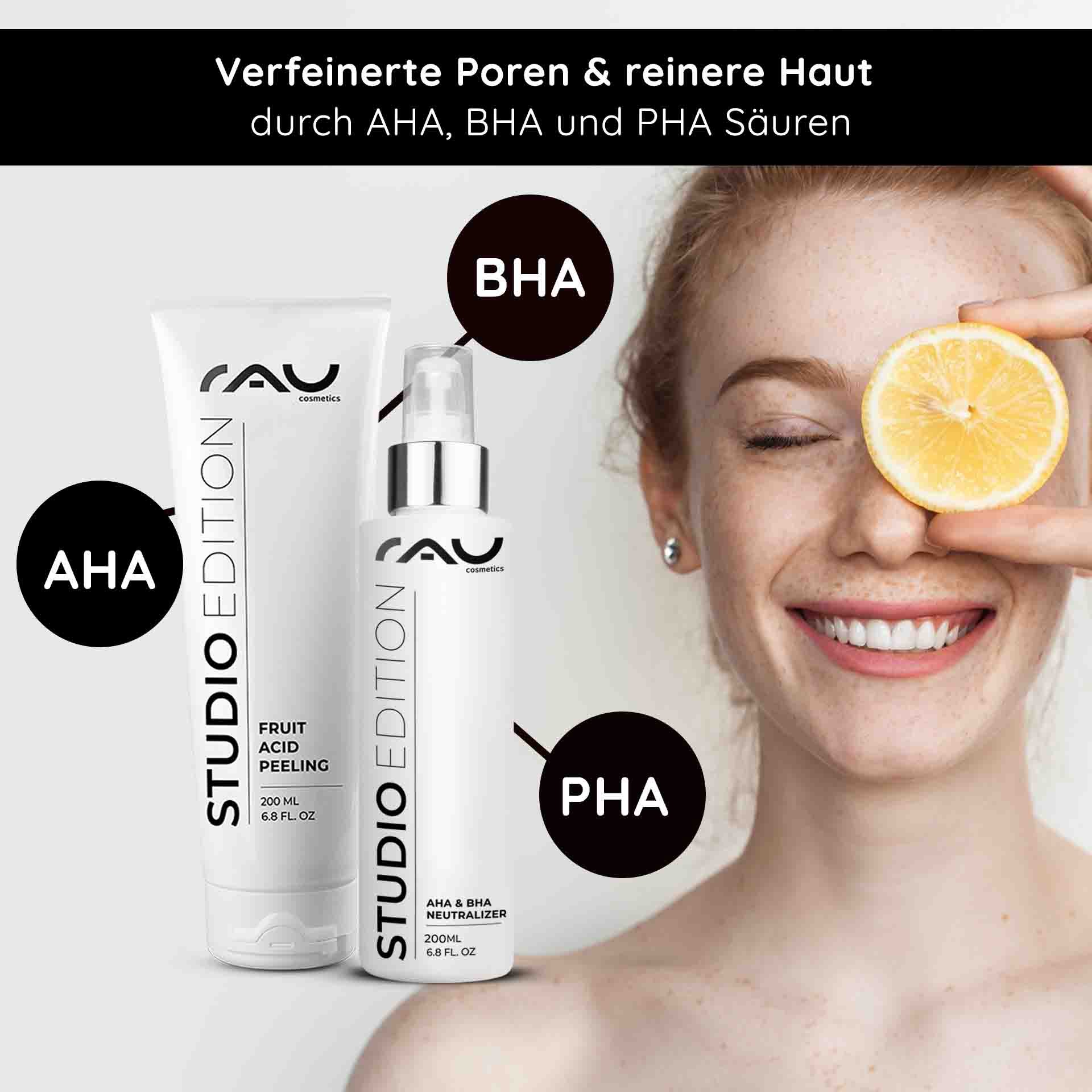 Woman with a cheerful smile, holding a lemon in front of her face, presenting RAU Cosmetics products: Fruit acid peeling and AHA & BHA Neutralizer, emphasizing benefits of AHA, BHA, and PHA for refined pores and clear skin.
