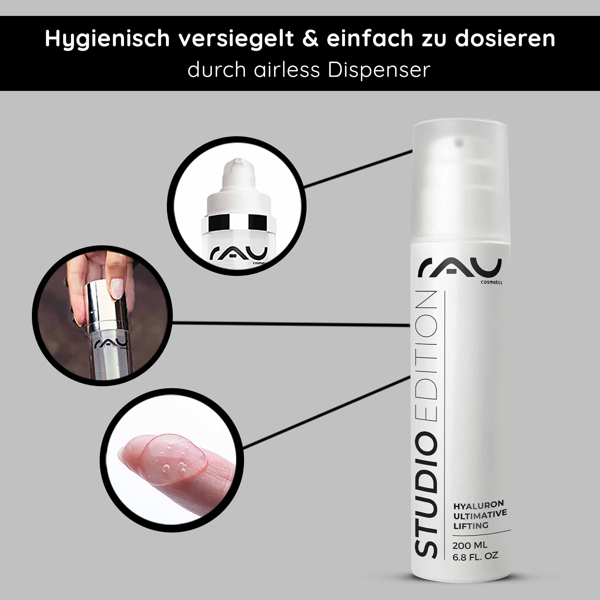 Hyaluron Ultimate Lifting 200 ml Hyaluronic acid gel RAU Cosmetics Hyaluron Ultimative Lifting Gel im Airless-Spender mit hygienischer Verpackung, Anwendung mit der Fingerspitze und Produktdetails, die die Anti-Aging-Vorteile hervorheben.
