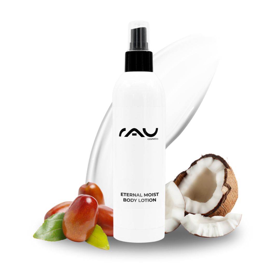 RAU Eternal Moist Body Lotion 250 ml - Intensive moisture for soft skin RAU Eternal Moist Body Lotion, 250-ml-Flasche mit Kokosnuss und pflegenden Inhaltsstoffen, die auf intensive Feuchtigkeitsversorgung trockener Haut und eine seidige Textur Wert legen.