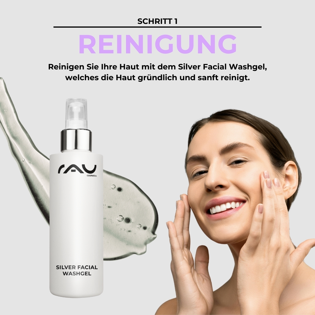Basic care routine for couperose Frau mit fröhlichem Gesicht reinigt ihre Haut mit RAU Cosmetics Silver Facial Washgel, neben dem Produkt in einem modernen Design und sanften Reinigungsgel.