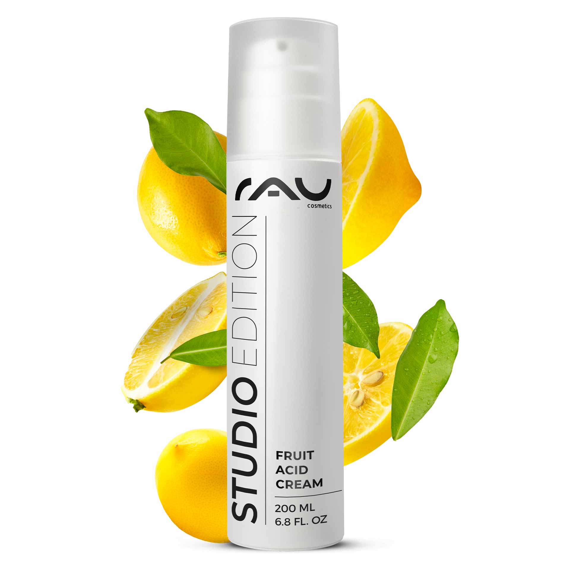 Fruit Acid Cream 200 ml BHA Fruit Acid Cream RAU Cosmetics Fruchtsäurecreme, 200-ml-Verpackung mit Zitronenscheiben und grünen Blättern, die die Peeling-Eigenschaften und die Vorteile für die Hautpflege hervorheben.