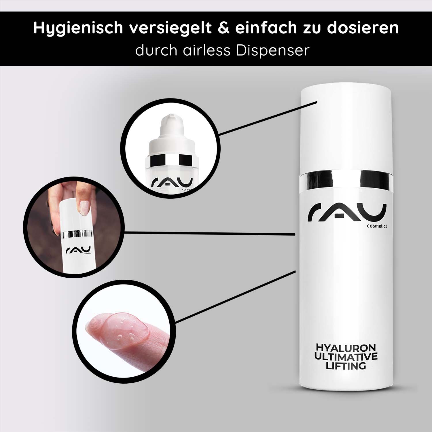 Hyaluron Ultimative Lifting Serum im Airless-Spender mit hygienischer Versiegelung, einfacher Dosierung und gelartiger Textur, entwickelt für feuchtigkeitsspendende und Anti-Aging-Vorteile bei trockener Haut.