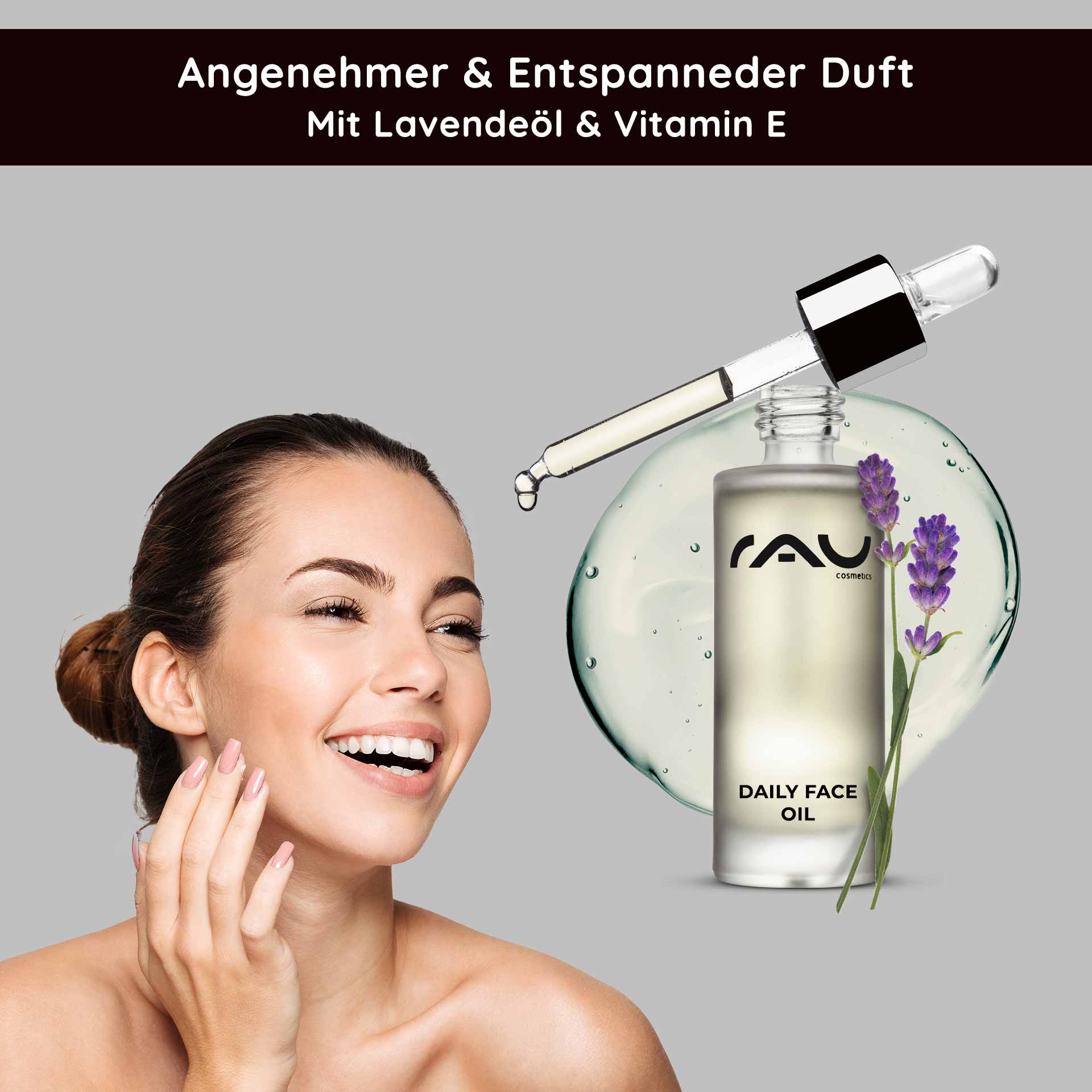 Daily Face Oil 30 ml Nourishing face oil for the night with lavender Lächelnde Frau mit glattem Teint, präsentiert RAU Daily Face Oil mit Lavendel und Vitamin E, umgeben von einem Tropfen Öl und Lavendelblüten.