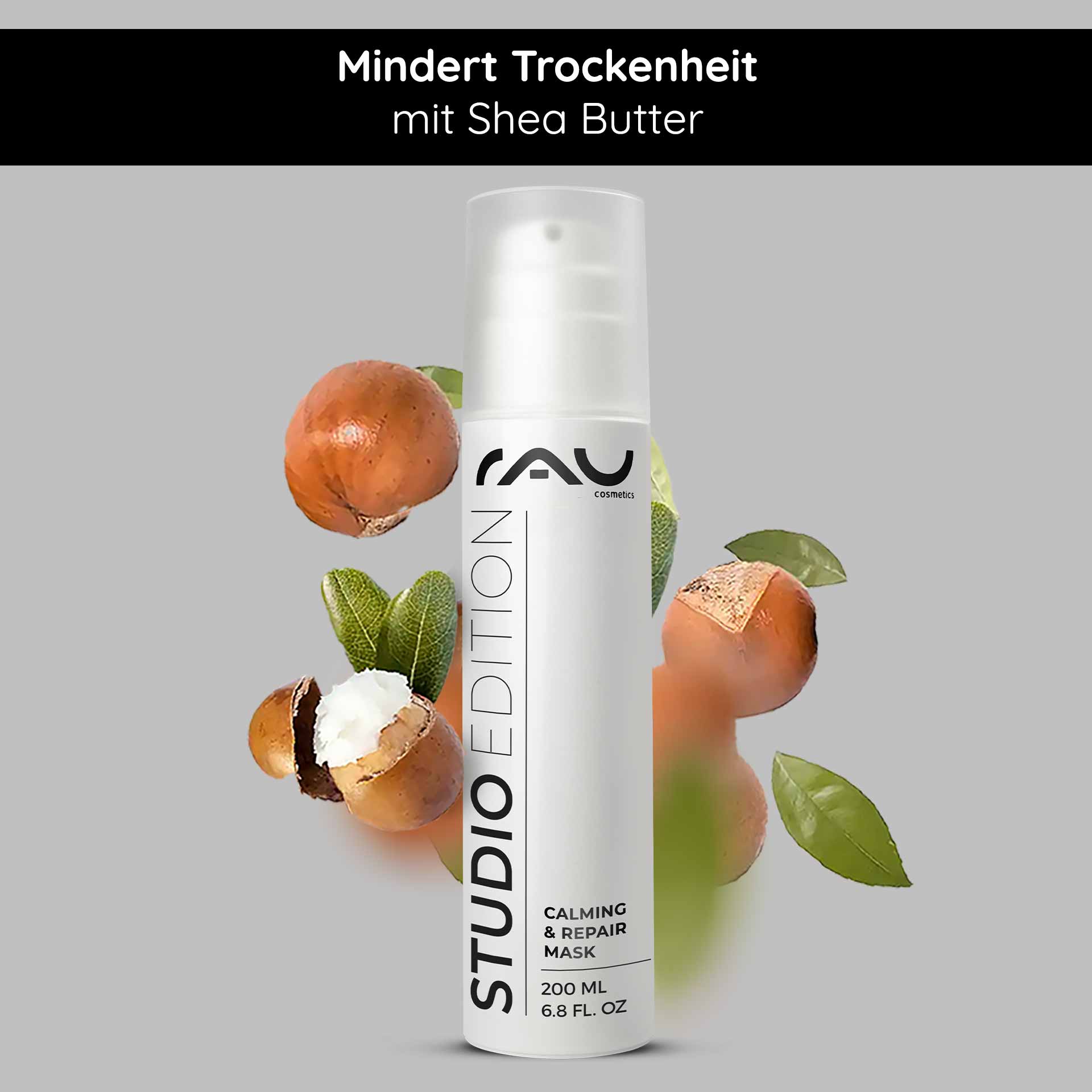 Calming & Repair Mask 200 ml Calming Mask RAU Cosmetics Calming & Repair Mask 200 ml mit Sheabutter, umgeben von Sheanüssen und -blättern, betont die Feuchtigkeitsversorgung und die hautberuhigenden Eigenschaften.