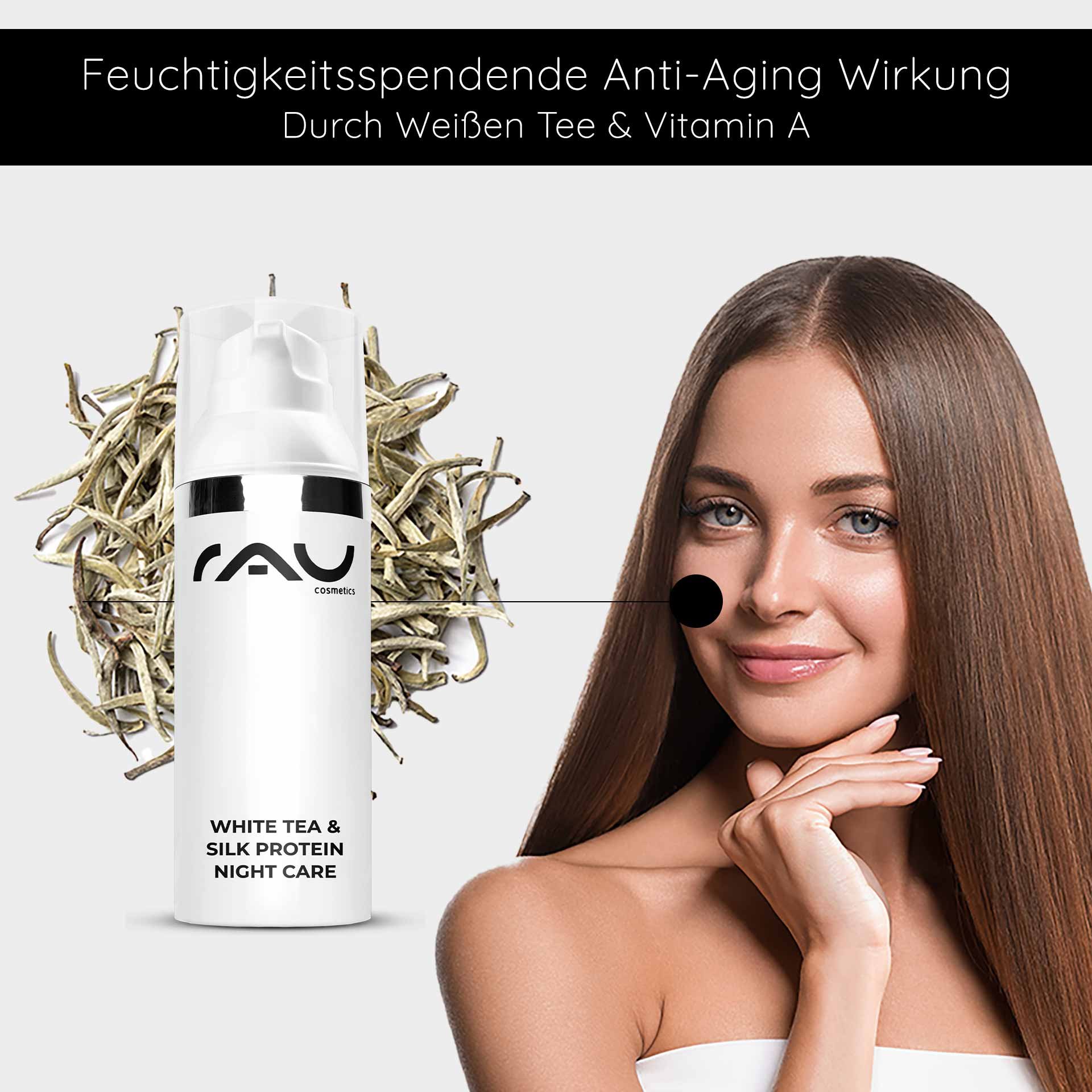 Night cream from RAU Cosmetics with white tea and silk proteins, moisturizing anti-aging effect, young woman with a healthy complexion and long hair, pointing to her face.