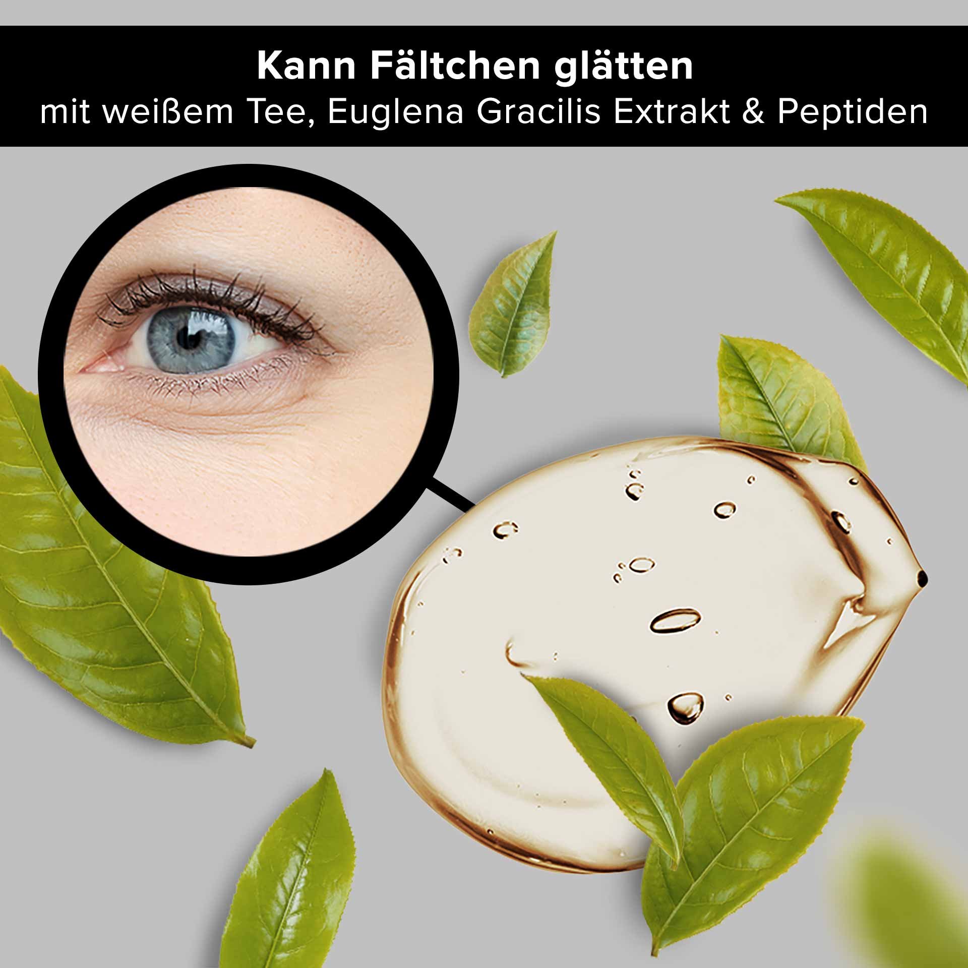 Eye area with fine lines, surrounded by green tea leaves and a gel texture, emphasizing the anti-aging effect of RAU Cosmetics White Tea Eye Cooling Gel with white tea, Euglena gracilis extract, and peptides.