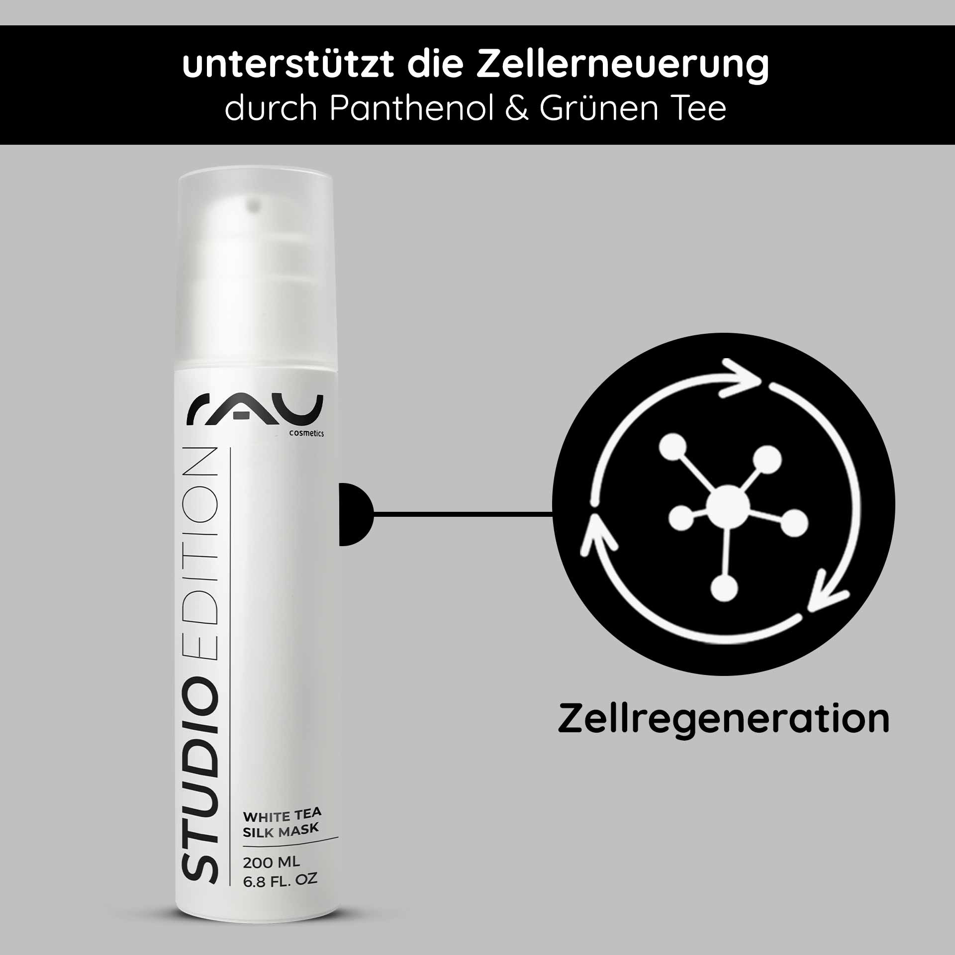 White Tea Silk Mask 200 ml Rich Cream & Mask RAU White Tea Silk Mask, 200-ml-Flasche mit Text, der die durch Panthenol und grünen Tee unterstützte Zellregeneration hervorhebt, auf grauem Hintergrund.