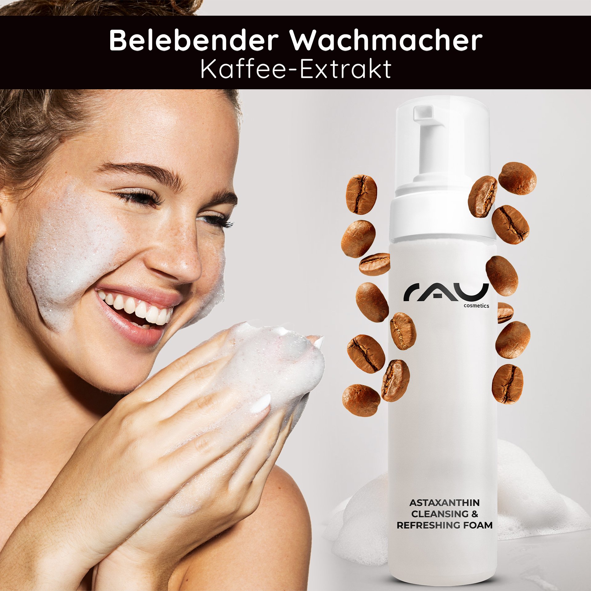 Woman with well-groomed skin after cleansing with RAU Astaxanthin Cleansing Foam