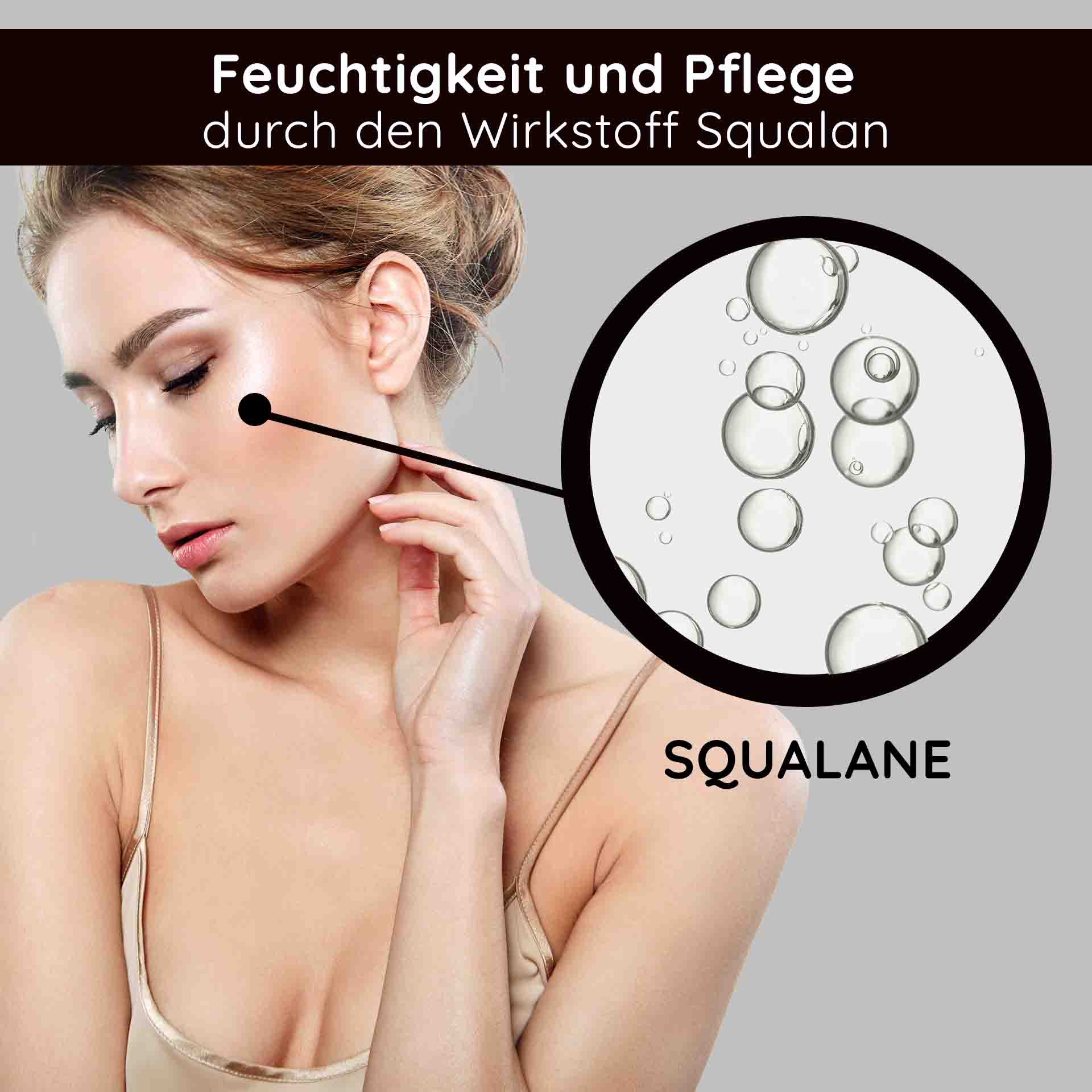 Hyaluron Luxury Cream with 23k Gold 50 ml Anti Age Cream Frau mit strahlender Haut, Squalan-Elemente hervorgehoben, betont Feuchtigkeit und Pflege, passend zur RAU Cosmetics Hyaluron Luxury Cream.