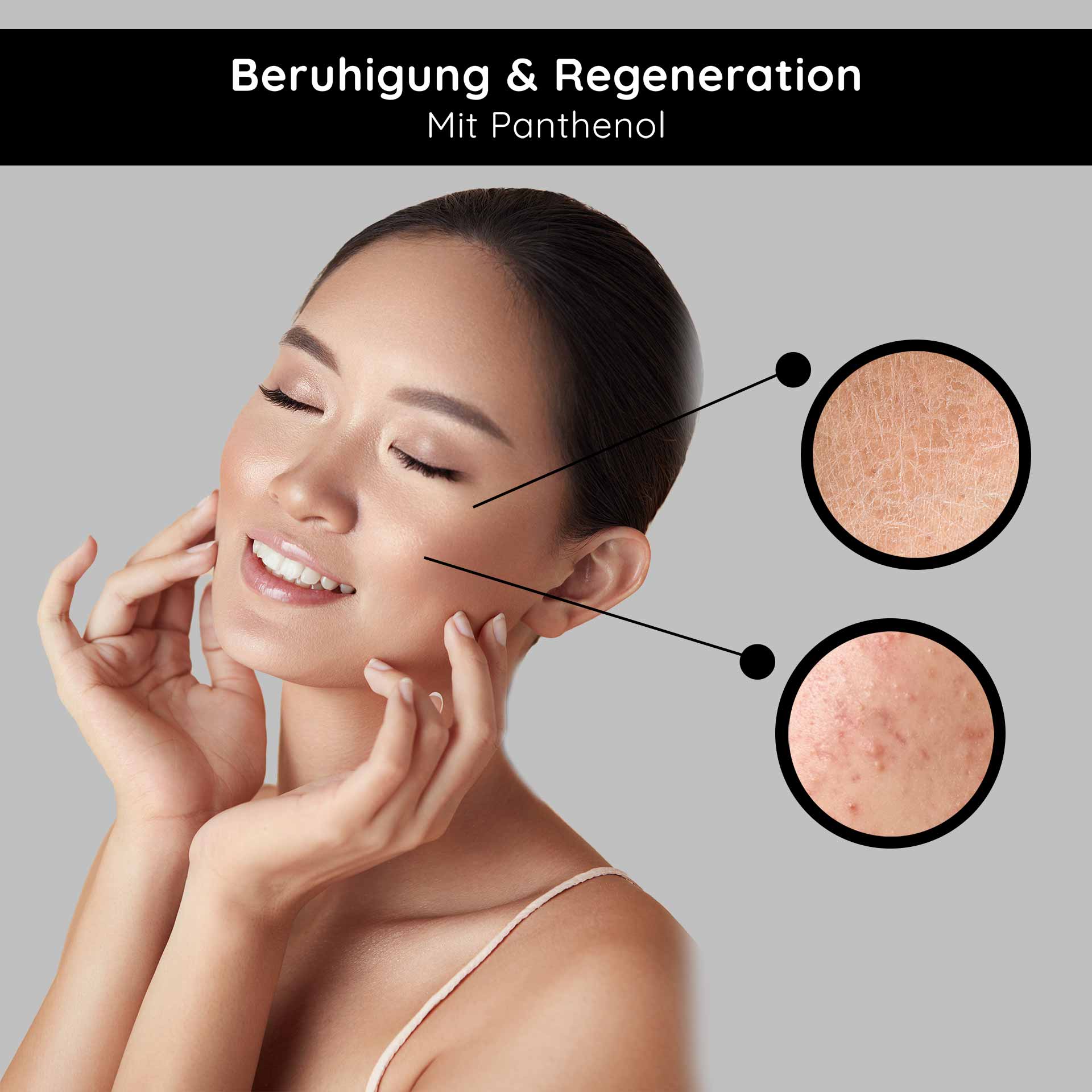 Stem Cell Serum 100 ml Anti-Aging Stem Cell Serum for mature & dry skin Frau mit geschlossenen Augen und sanftem Lächeln, die ihre Wangen berührt, umgeben von Hauttexturen, die Hautberuhigung und Regeneration mit Panthenol symbolisieren.