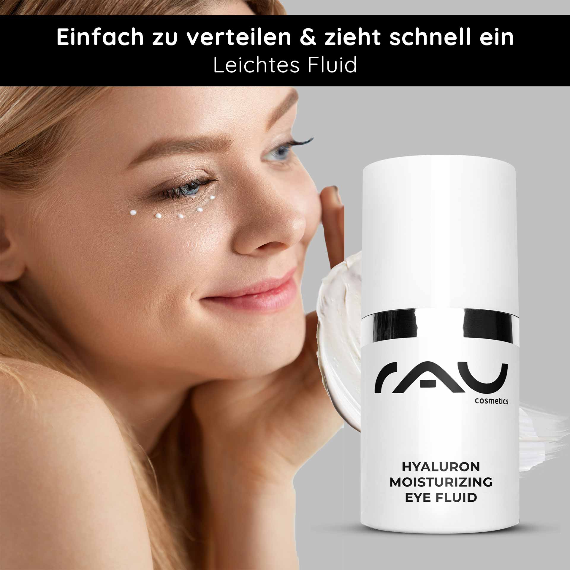 Hyaluron Moisturizing Eye Fluid 15 ml Moisturising Gel Frau mit Hyaluron Moisturizing Eye Fluid von RAU Cosmetics, aufgetragen unter dem Auge, betont die feuchtigkeitsspendenden Eigenschaften des Produkts für trockene Haut.