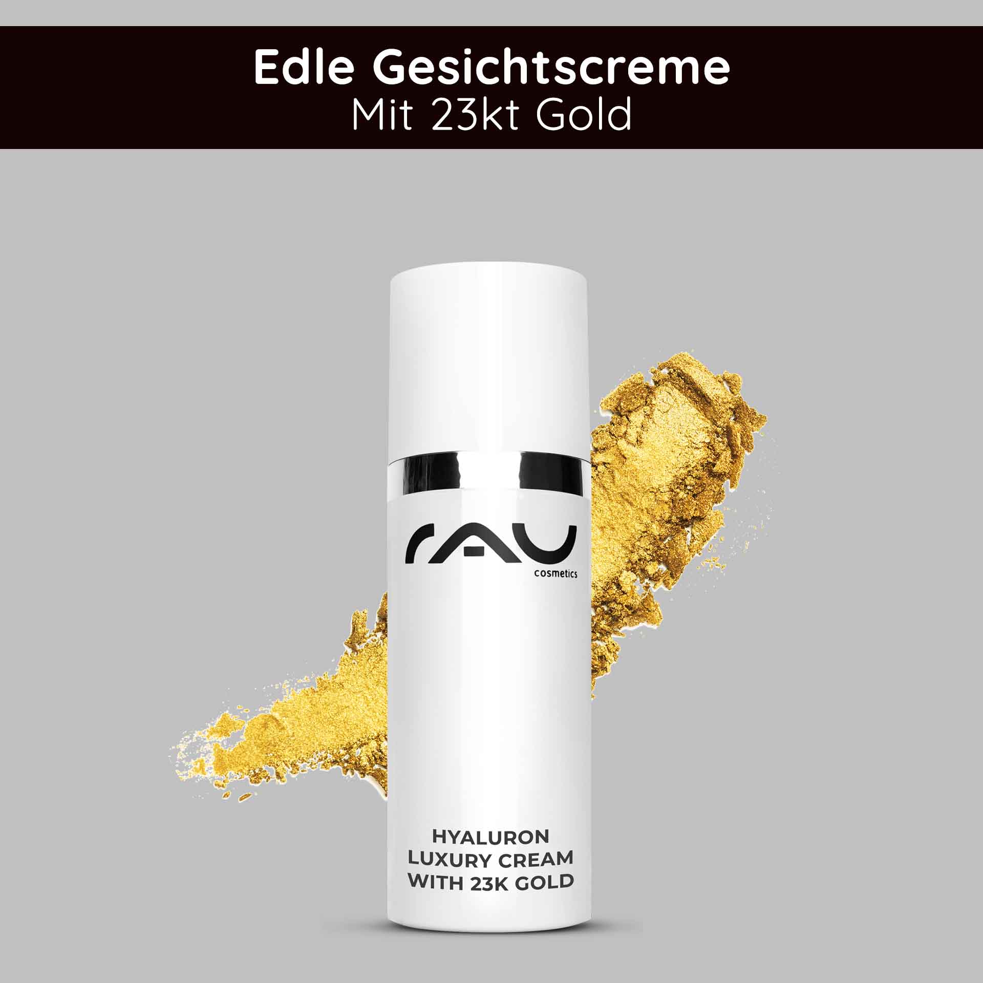 Hyaluron Luxury Cream with 23k Gold 50 ml Anti Age Cream Hyaluron-Luxuscreme mit 23 Karat Gold in eleganter Verpackung mit goldenen Akzenten und Markenzeichen, die die Anti-Aging-Vorteile der Hautpflege hervorheben.