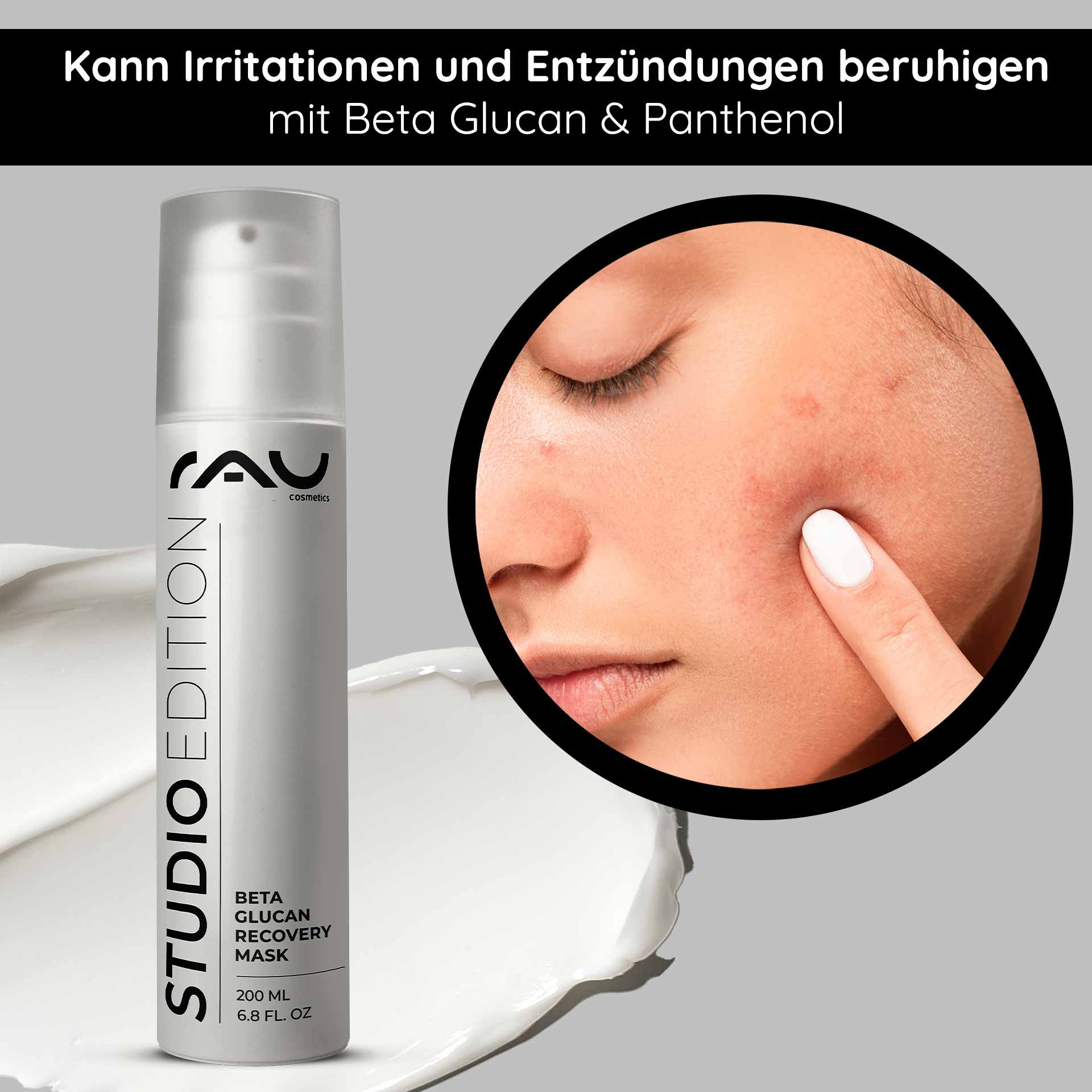 RAU Beta Glucan Recovery Mask 200 ml in silberner Verpackung, die die beruhigende Wirkung auf gereizte Haut hervorhebt; Nahaufnahme des Gesichts eines Models mit Akne und Auftragen der Maske.
