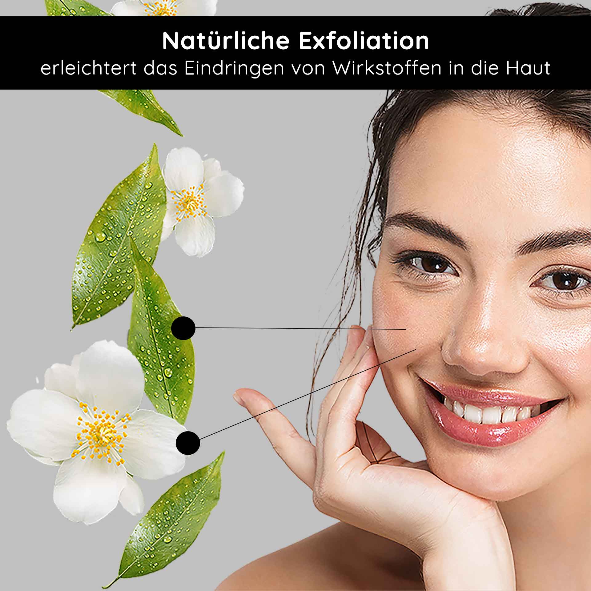 AHA Tonic 1000 ml mild fruit acid tonic Natürliche Exfoliation mit Blüten und Blättern, Gesicht einer Frau mit strahlender Haut, betont die Vorteile des RAU AHA Tonic für die Hautpflege.