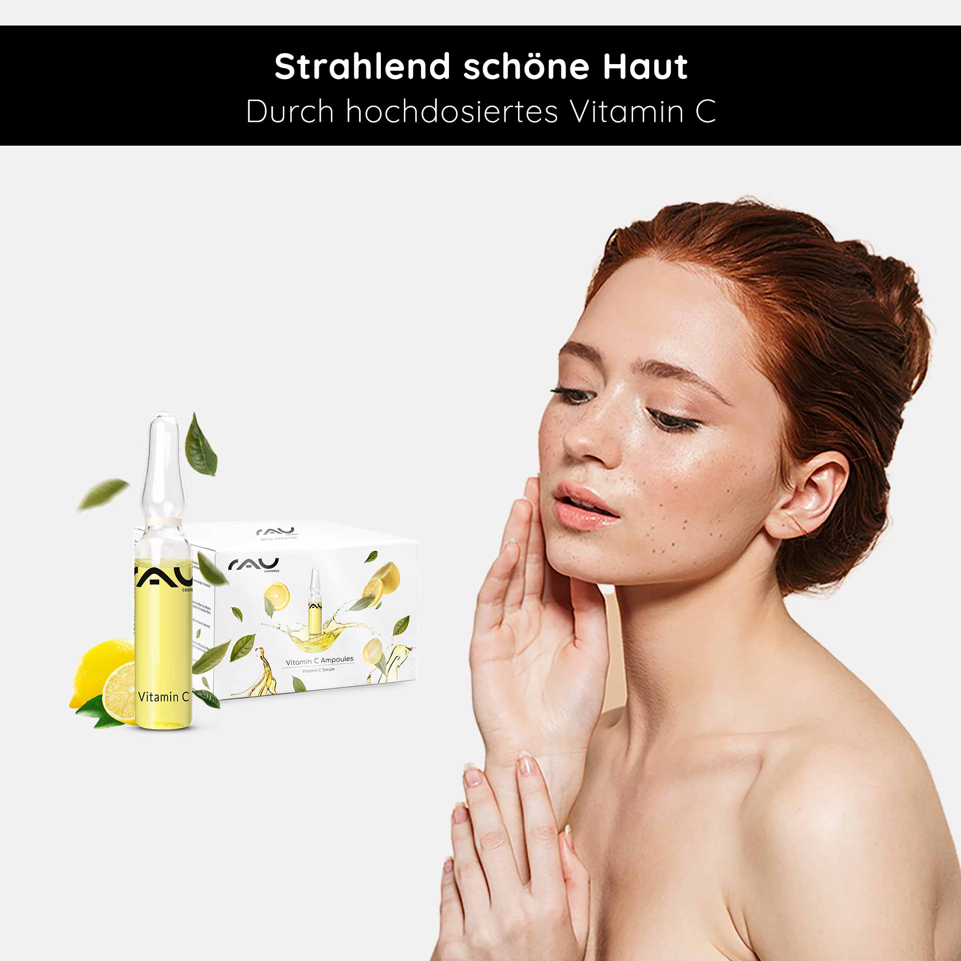 Vitamin C Ampoules 14x2 ml for mature & blemished skin Vitamin-C-Ampulle von RAU Cosmetics mit Modell, das die Anwendung der Hautpflege demonstriert, strahlende Haut fördert und die Produktvorteile hervorhebt.