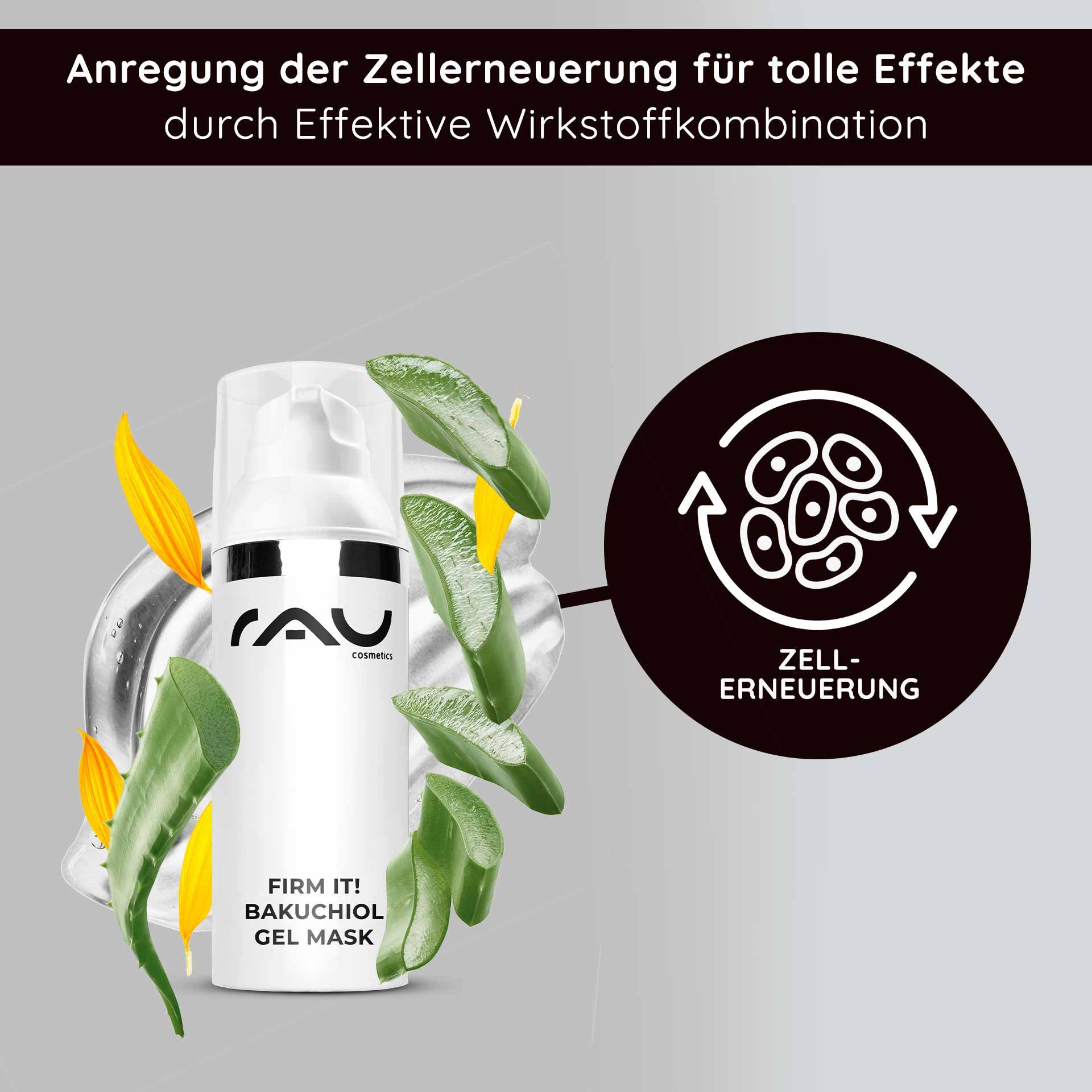 RAU Cosmetics Firm it! Bakuchiol Gel Mask with aloe vera and plant-based elements, promotes cell renewal and has anti-aging benefits.