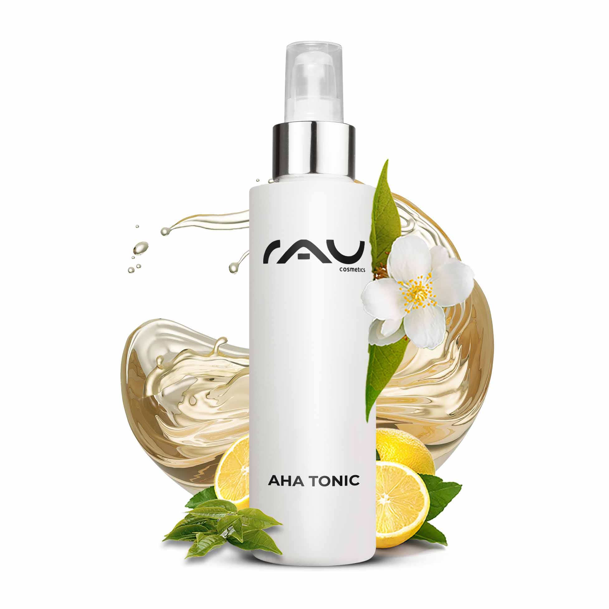 AHA Tonic 200 ml - Toner with anti-ageing effect AHA Tonic 200-ml-Flasche mit weiΓem Etikett und RAU-Logo, umgeben von Zitronenscheiben, grΓΌnen BlΓ€ttern und floralen Elementen, die die Vorteile der HautverjΓΌngung und des Peelings betonen.