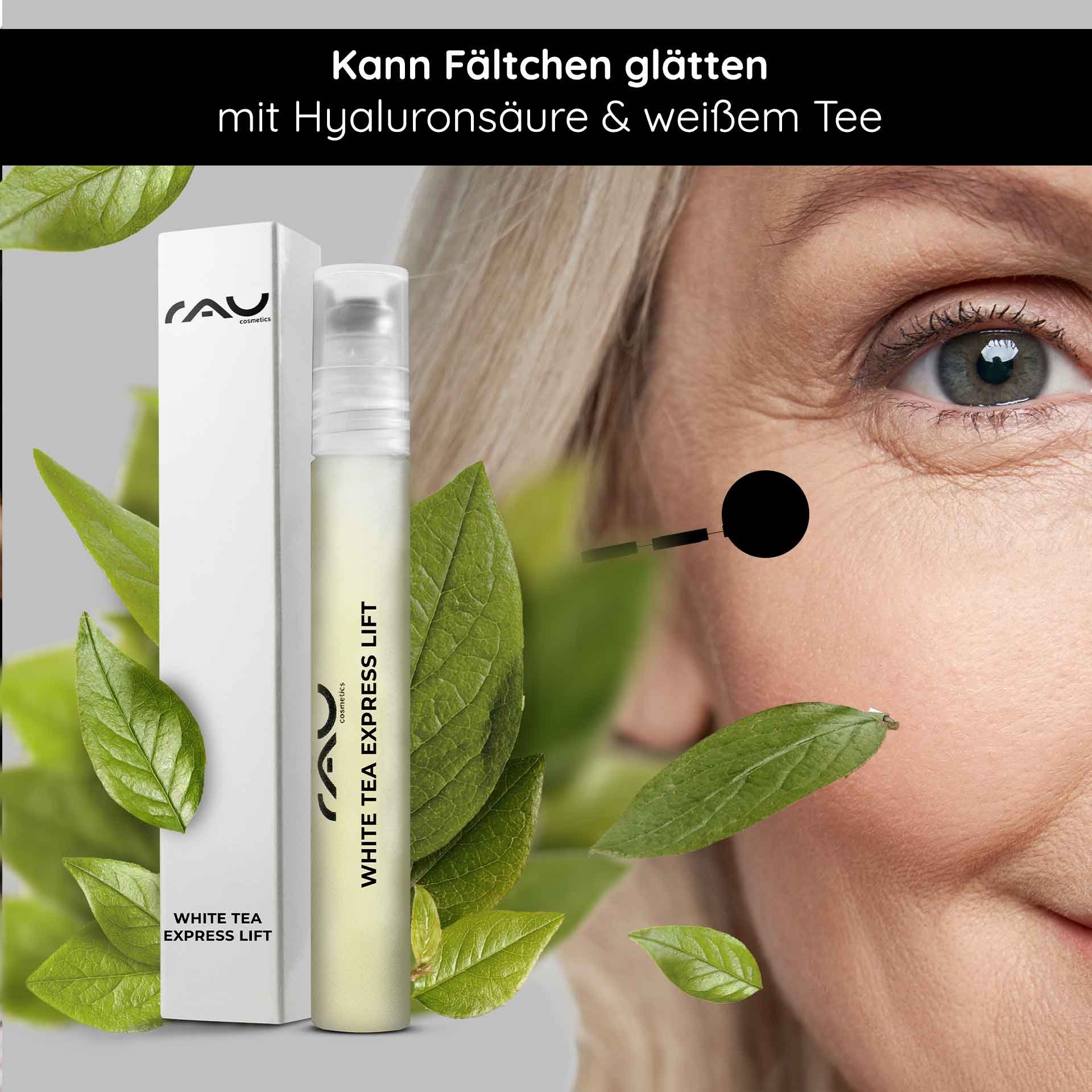 RAU Cosmetics White Tea Express Lift Roll-On anti-aging serum with hyaluronic acid and white tea, promotes wrinkle smoothing, surrounded by green tea leaves and a close-up of an eye.