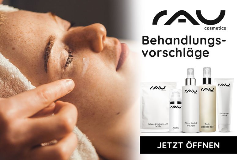 Eine Frau erhält eine Gesichtsbehandlung mit RAU Cosmetics-Produkten und Behandlungsoptionen auf der rechten Seite.