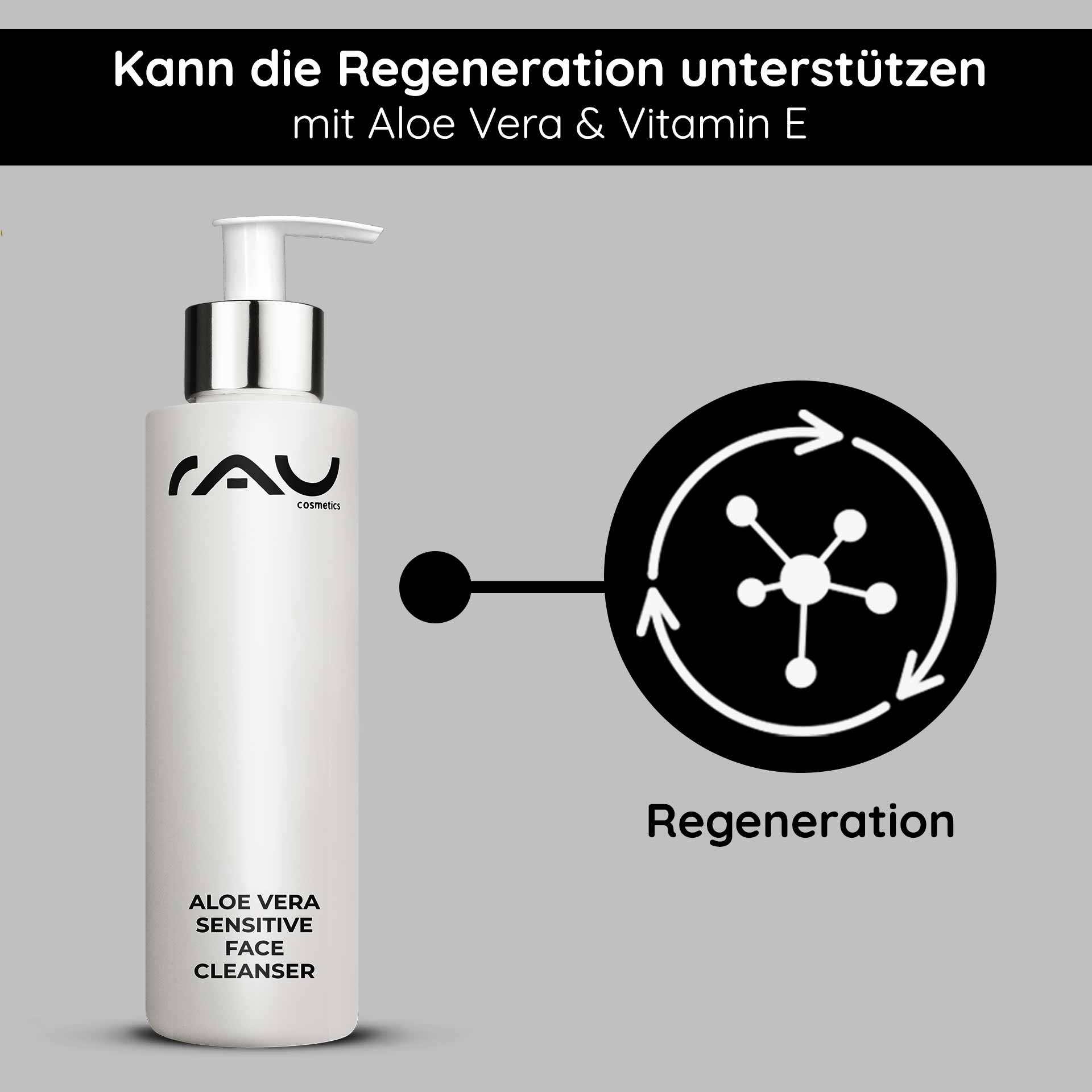 Aloe Vera Sensitive Face Cleanser 200 ml Cleanser Flasche mit Pumpe des Aloe Vera Sensitive Face Cleanser von RAU Cosmetics mit Text, der die Regenerationsunterstützung mit Aloe Vera und Vitamin E hervorhebt.