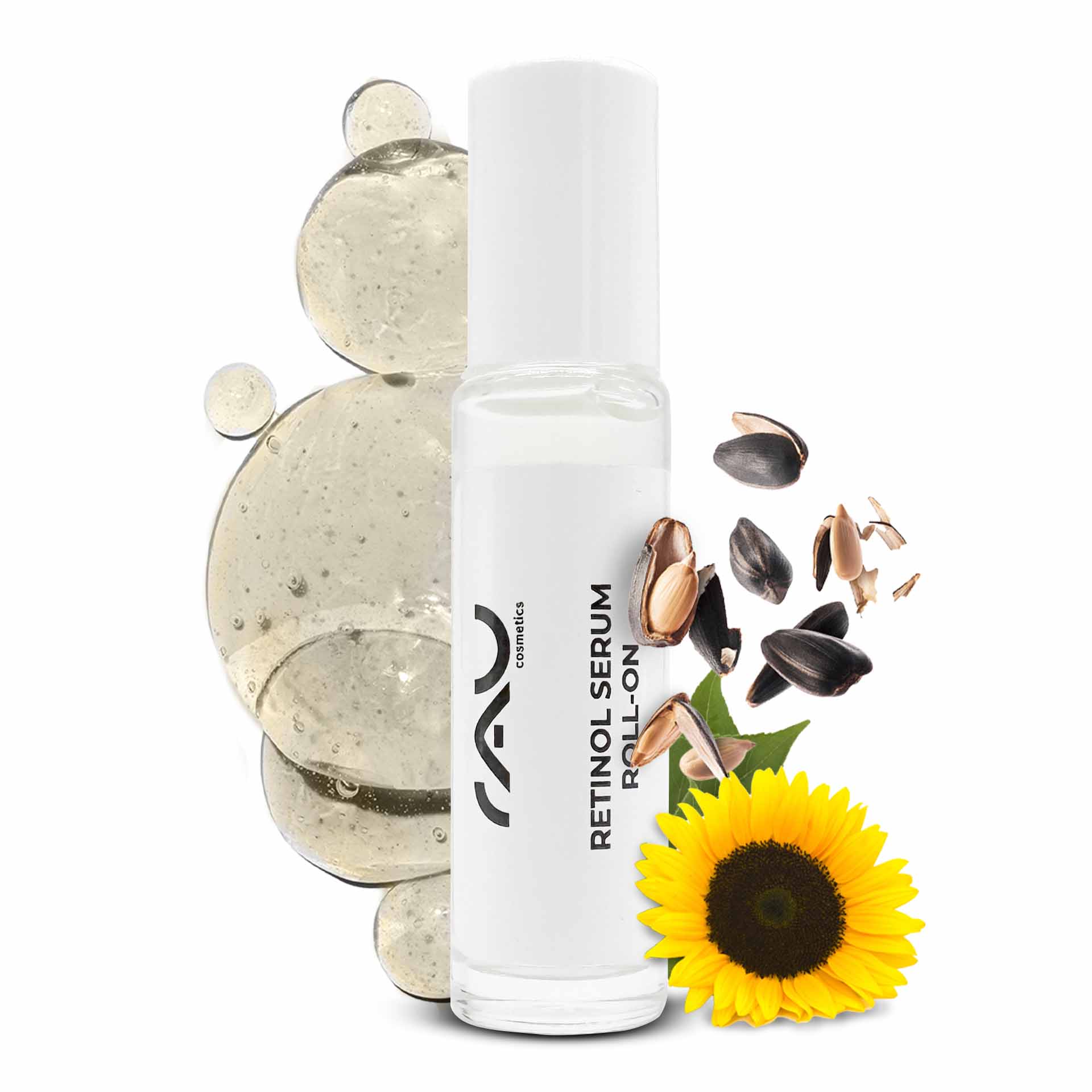 Retinol Serum Roll-On 10 ml - Vitamin A serum for dry and mature skin Retinol Serum Roll-On von RAU Cosmetics mit Sonnenblumenkernen und -samen, mit gelartiger Textur, entwickelt zur Verbesserung der Hautelastizität und Feuchtigkeitsversorgung.