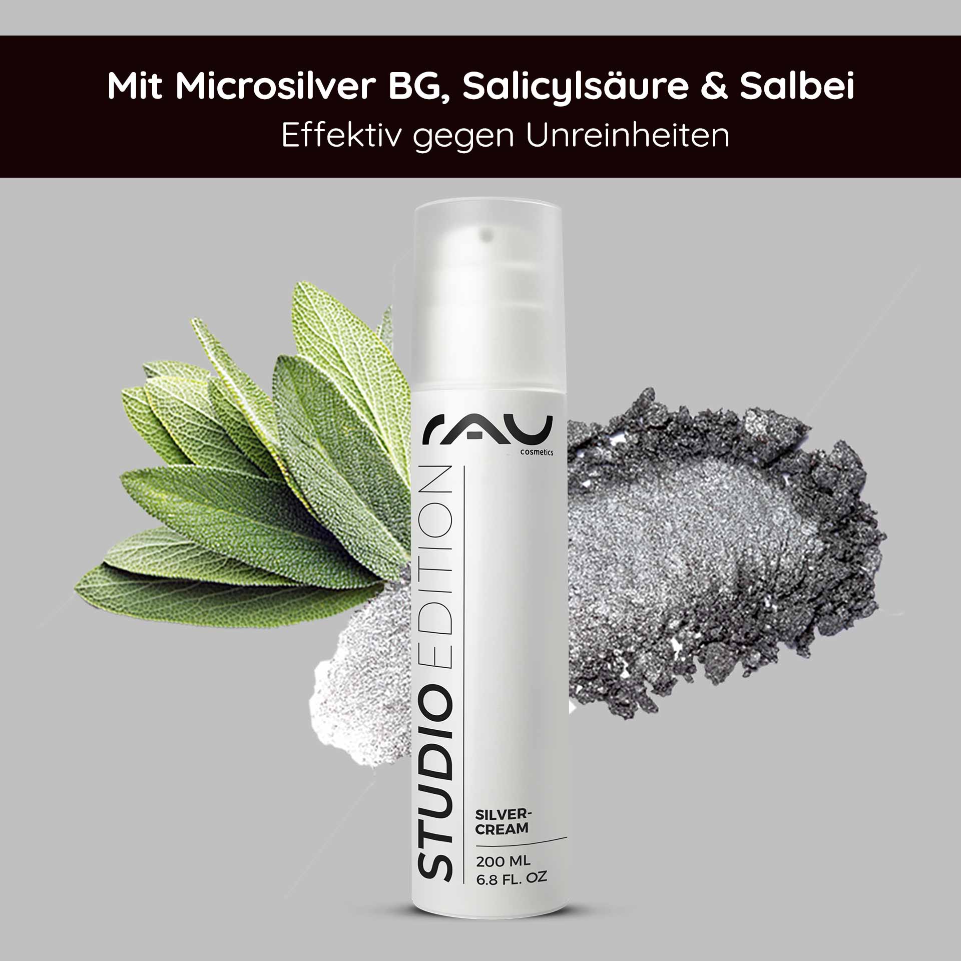 Silvercream 200 ml for impure skin with microsilver RAU Cosmetics Silvercream 200 ml für unreine Haut mit Mikrosilber, Salicylsäure und Salbei, mit Hinweis auf die Wirksamkeit gegen Hautunreinheiten.