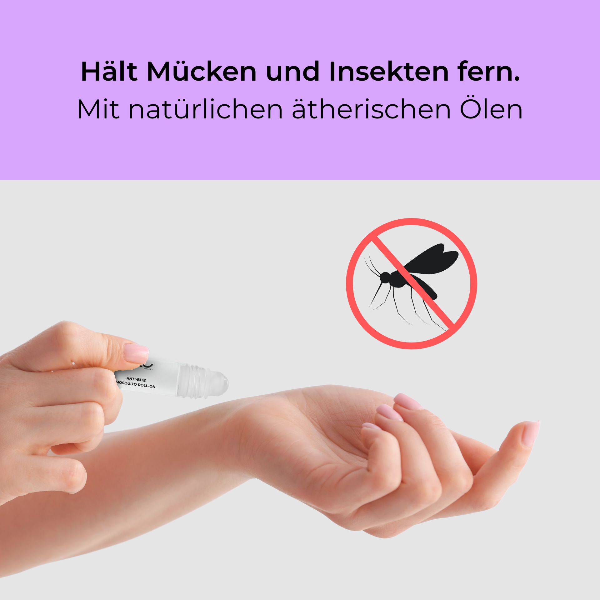 Anti Bite Mosquito Roll-On 10 ml - Naturally against mosquito bites & Co. Anti-Bite-Mosquito-Roll-On zur Anwendung am Handgelenk mit natürlichen ätherischen Ölen zum Schutz vor Insekten, ohne Mückensymbol im Hintergrund.