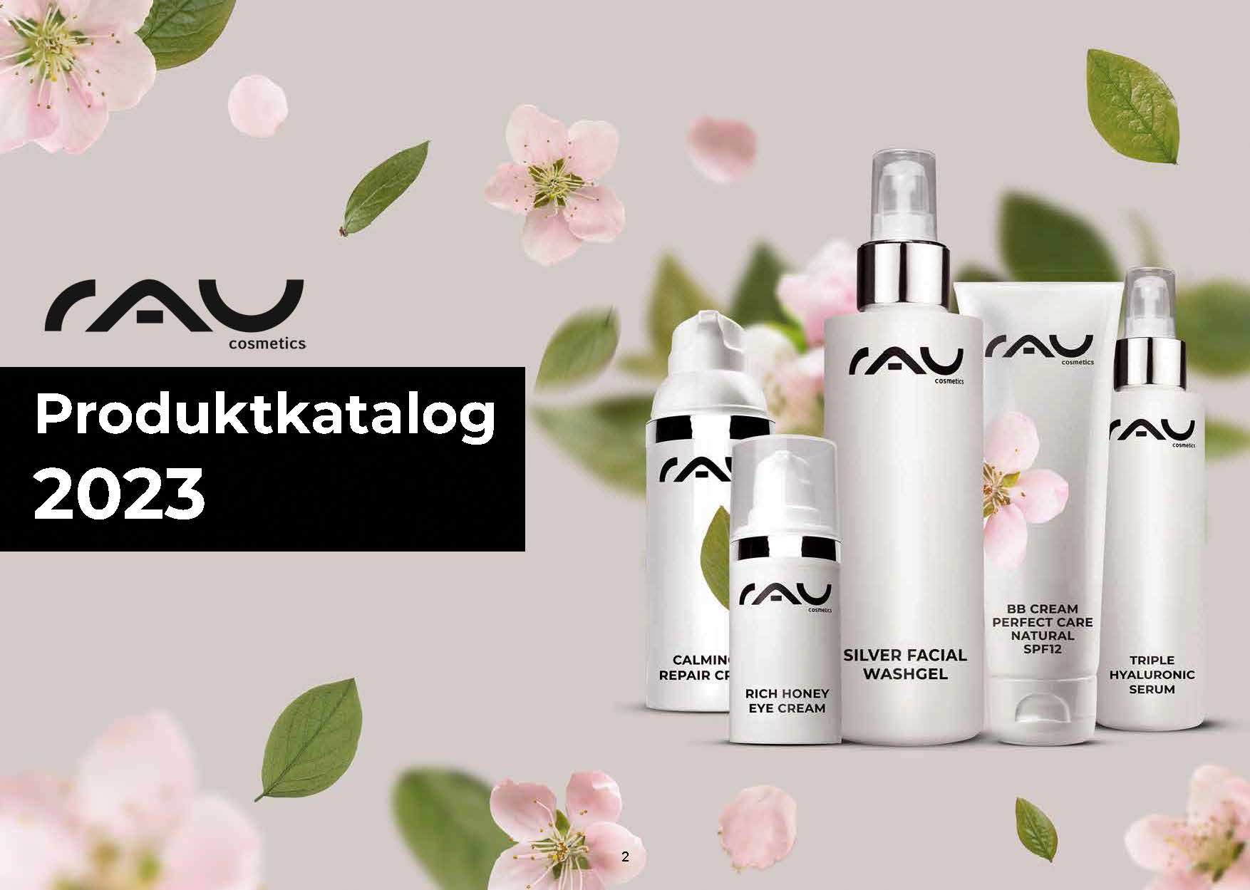 RAU Cosmetics Produktkatalog 2023 mit Calming Repair Cream und Triple Hyaluronic Serum in modernem Design.