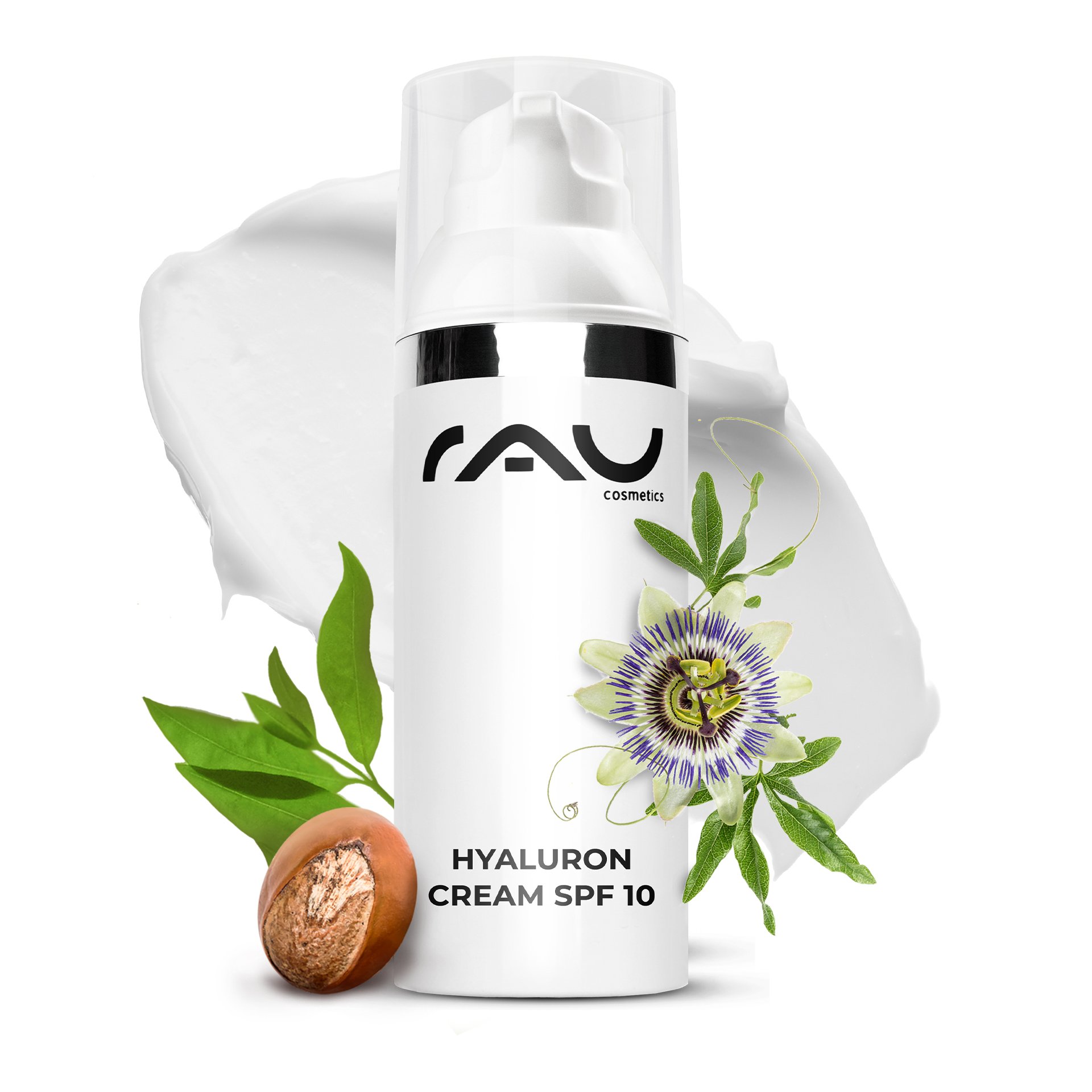 RAU Hyaluron Cream SPF 10 - Day cream in an elegant jar against a botanical background with herbs and active plants.