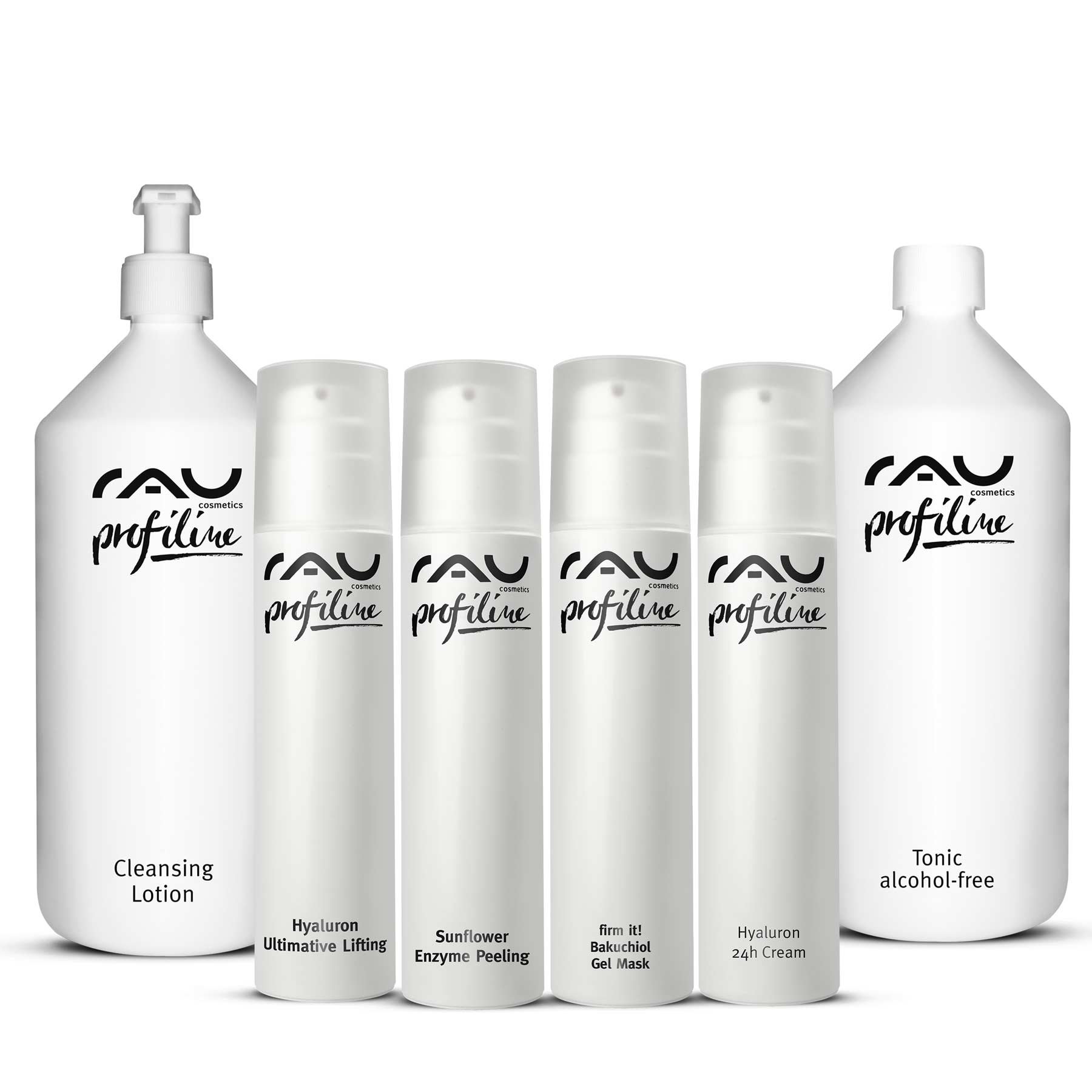 RAU Cosmetics Moisture Starter Set with Cleansing Lotion, Hyaluron Ultimate Lifting, Sunflower Enzyme Peeling, Bakuchiol Gel Mask, and Hyaluron 24h Cream, developed for skincare professionals and the treatment of dry skin.