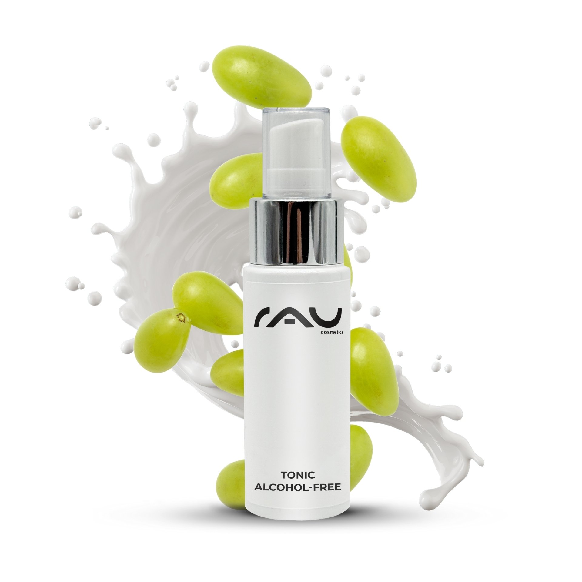 Alcohol-free facial toner bottle RAU Tonic with nettle extract, surrounded by green grapes and liquid splashes, emphasizing the gentle cleansing of sensitive skin.