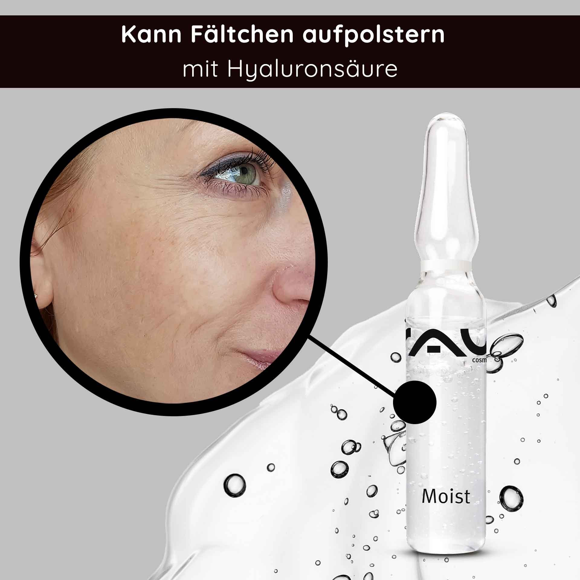 Hyaluronic acid ampoule from RAU Cosmetics with a close-up of skin with fine lines, highlighting the moisturizing effect for mature skin.
