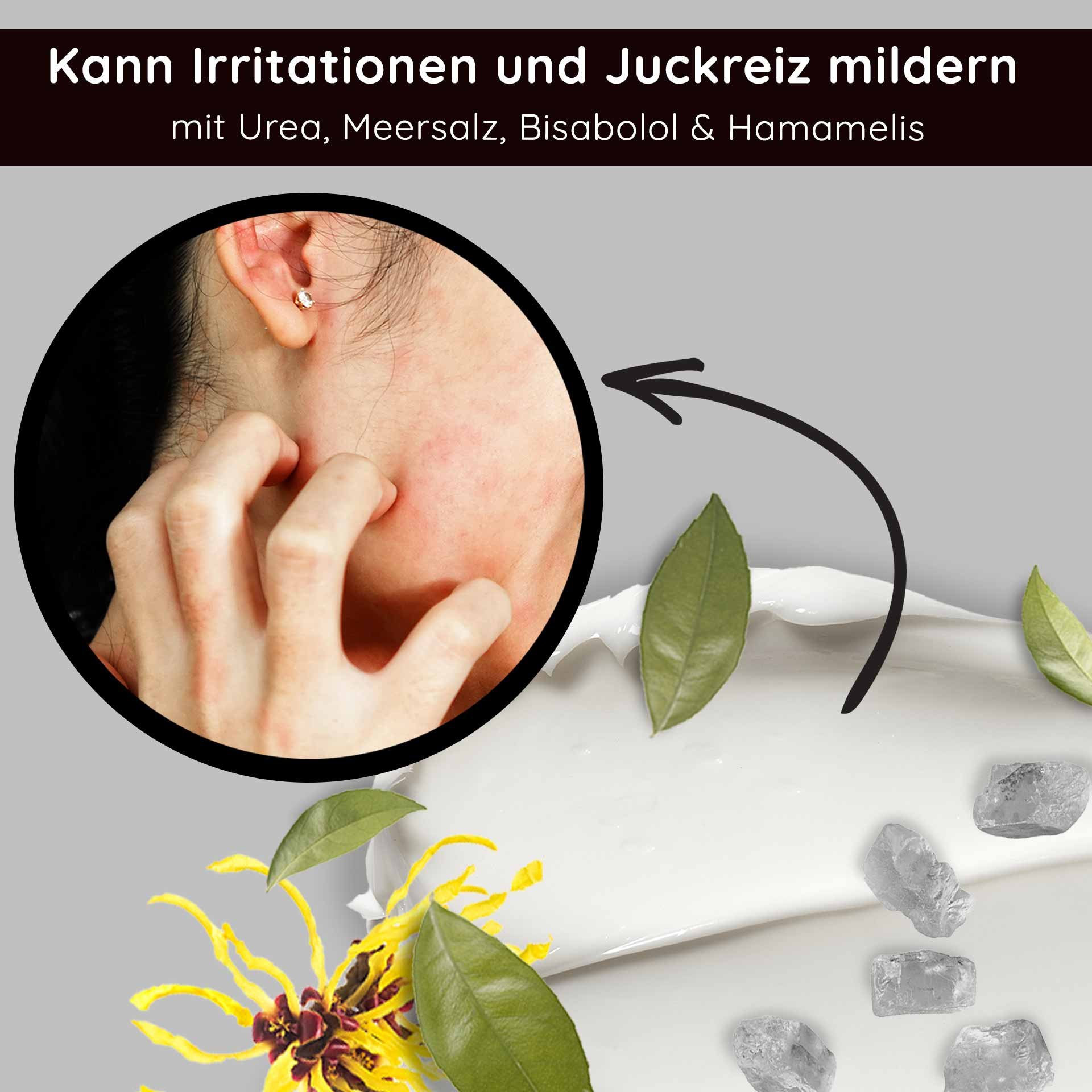 Woman scratching her neck, surrounded by soothing ingredients like urea, sea salt, bisabolol, and witch hazel, with a note on relieving irritation and itching.