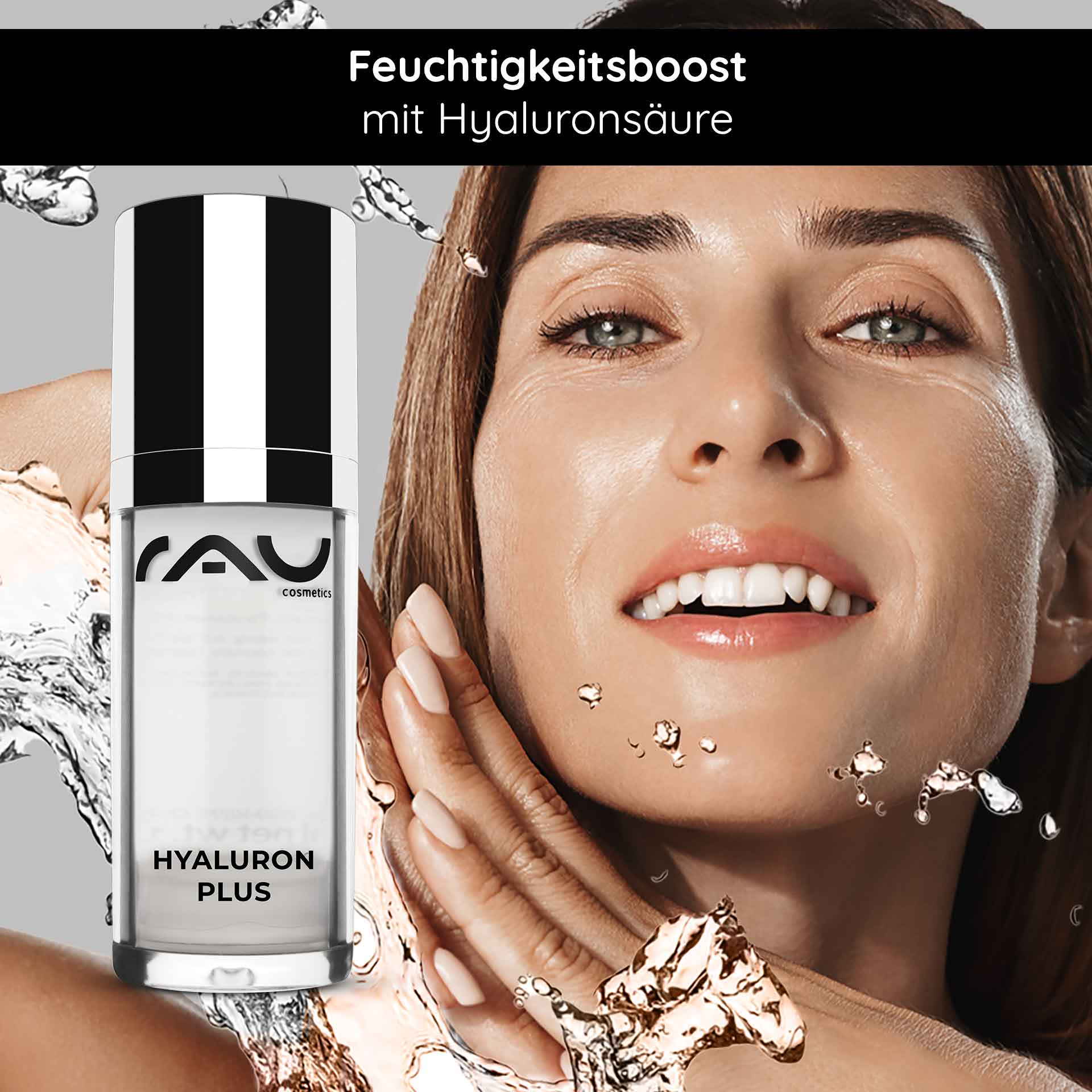 Hyaluron Plus 30 ml Instant Lifting Gel RAU Cosmetics Hyaluron Plus 30 ml – Gesichtsserum mit hoch- und niedermolekularer Hyaluronsäure für intensive Feuchtigkeit und Soforteffekt. Abbildung des Produkts in einem eleganten Airless-Spender mit transparentem Gel.
