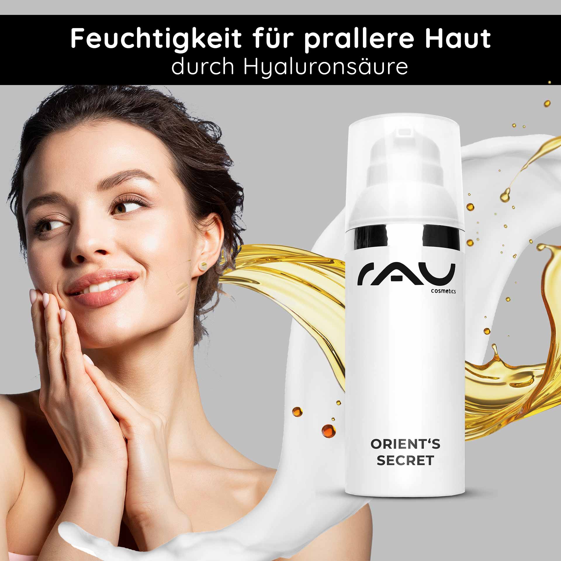 Orient's Secret 50 ml with Amethyst Powder Feuchtigkeitsspendende Gesichtscreme Orient's Secret von RAU Cosmetics, mit Hyaluronsäure, goldener Ölfluss, Model berührt sanft ihr Gesicht, für pralle und geschmeidige Haut.
