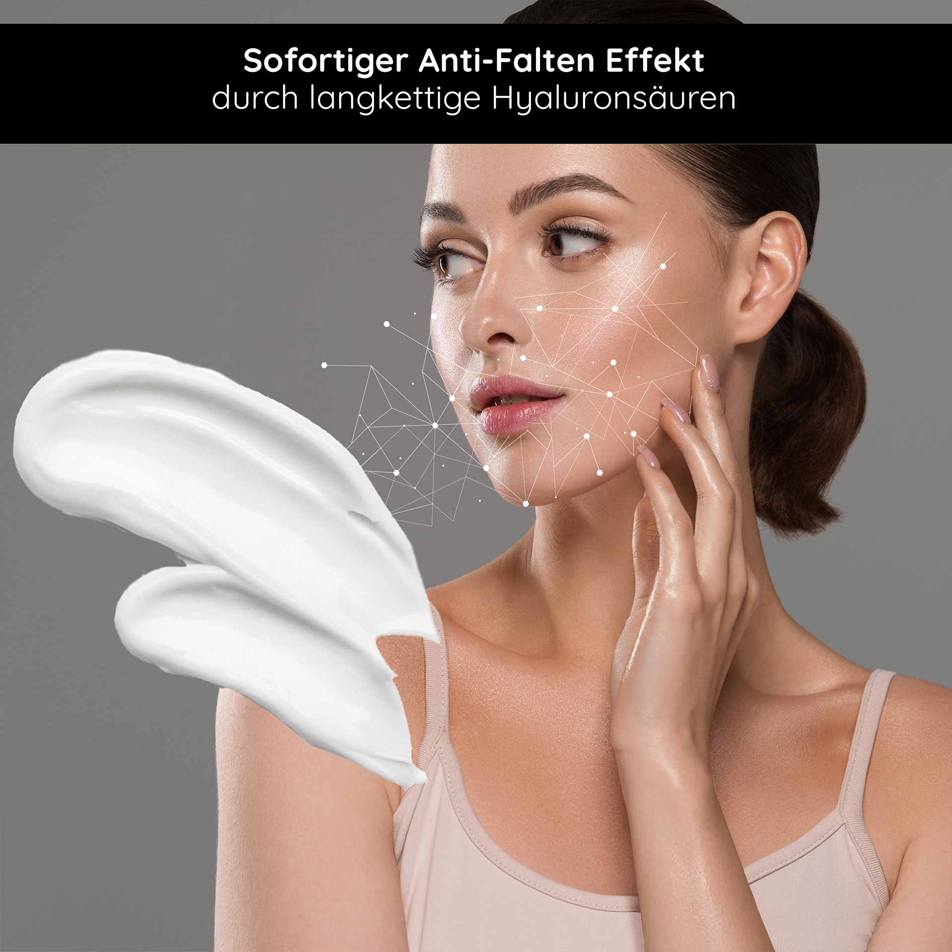 Hyaluron 24h Cream 50 ml Hyaluron Care Cream Zarte Gesichtscreme mit sofortigem Anti-Falten-Effekt, Anwendung von langkettigen Hyaluronsäuren, aufgetragen auf das Gesicht einer Frau, die sanft ihre Haut berührt.