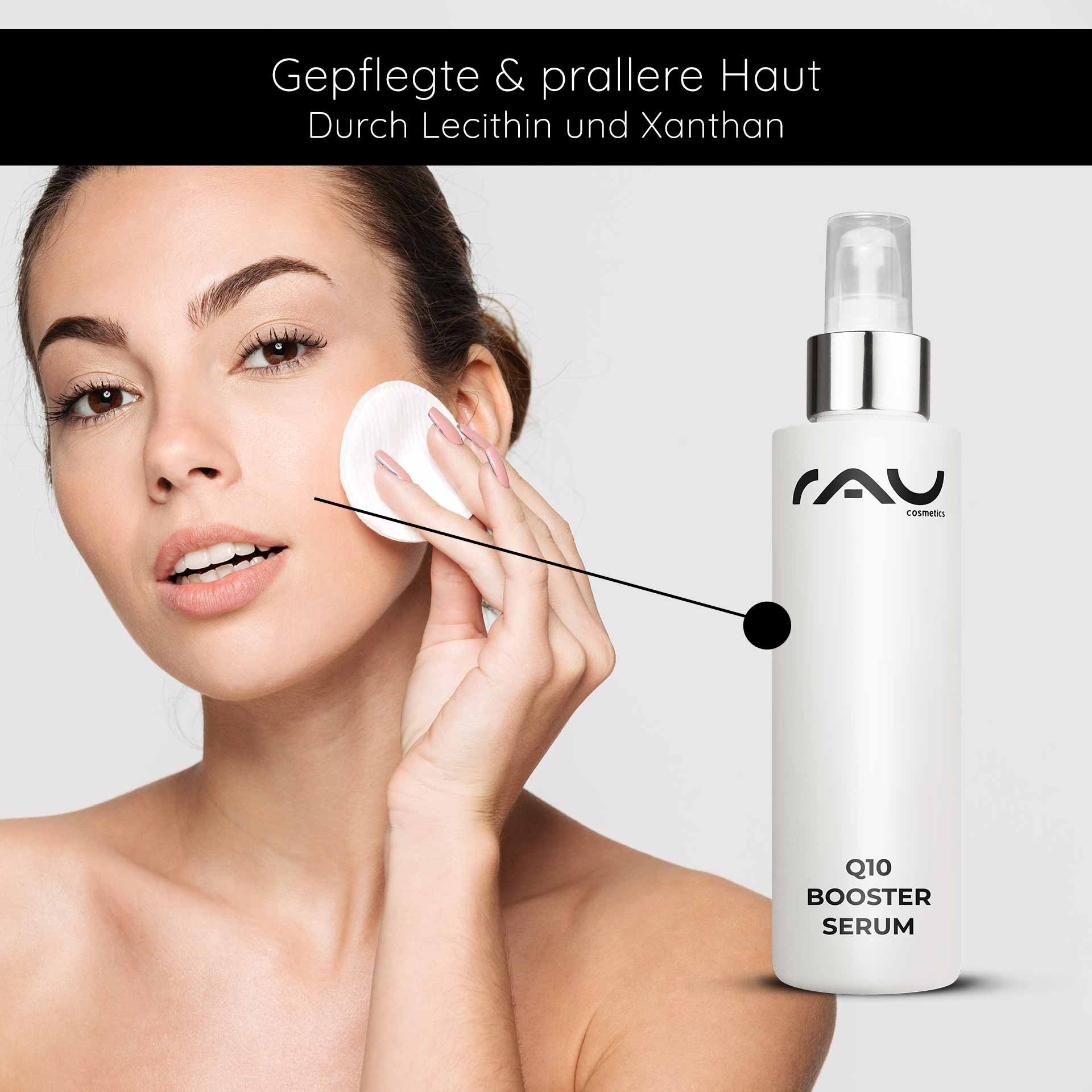 Woman with fresh skin and cotton pad, application of RAU Cosmetics Q10 Booster Serum for skincare and hydration.
