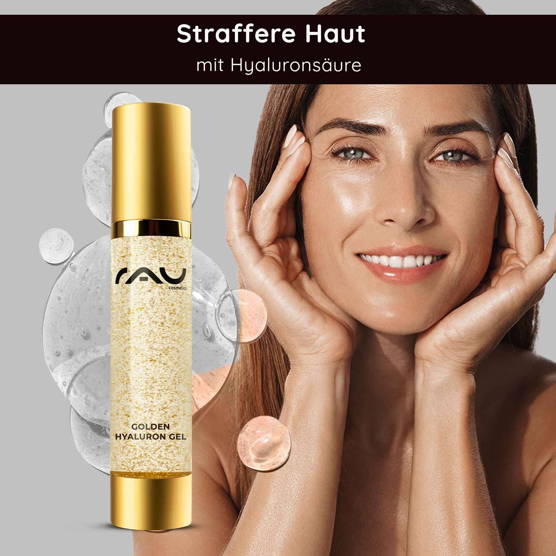 Goldene Hyalurongel-Flasche von RAU Cosmetics mit 23 Karat Gold, Frau trägt Hautpflege auf und betont die Anti-Aging- und Feuchtigkeitsvorteile.