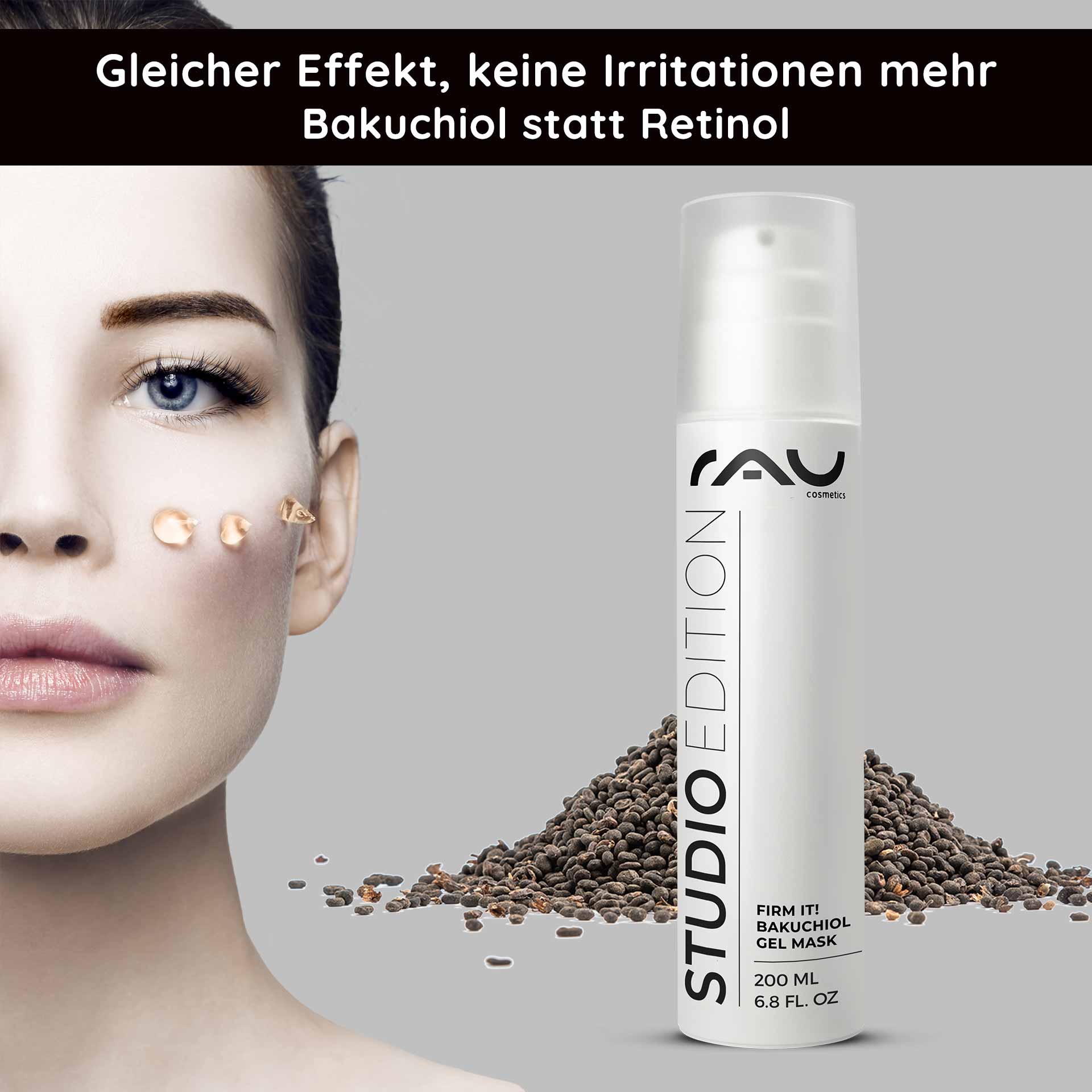 Firm it! Bakuchiol Gel Mask 200 ml Anti Aging & Moisture Frau mit Bakuchiol Gel Maske auf der Wange, RAU Cosmetics Produktverpackung und Bakuchiol-Samen im Hintergrund, Anti-Aging und Feuchtigkeitspflege.
