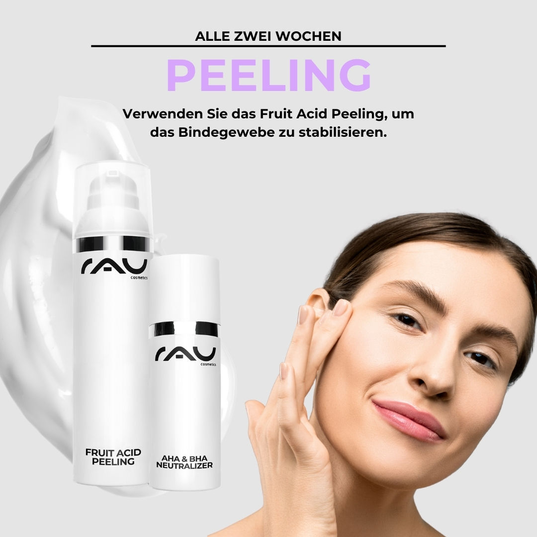 Professional care routine for couperose Frau mit glattem Teint, die AHA- und BHA-Neutralisierer sowie Fruchtsäurepeeling von RAU Cosmetics anwendet, um Couperose zu behandeln.