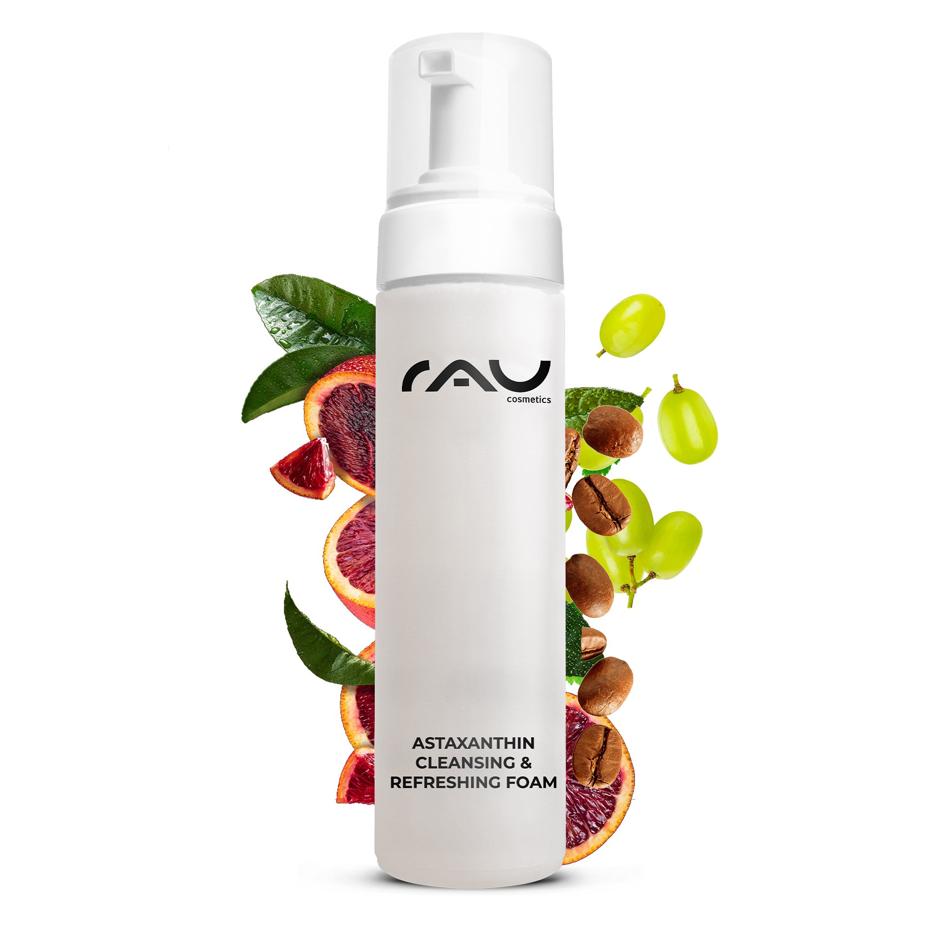 RAU Astaxanthin Cleansing Foam 200 ml pump bottle with orange decoration on a light background