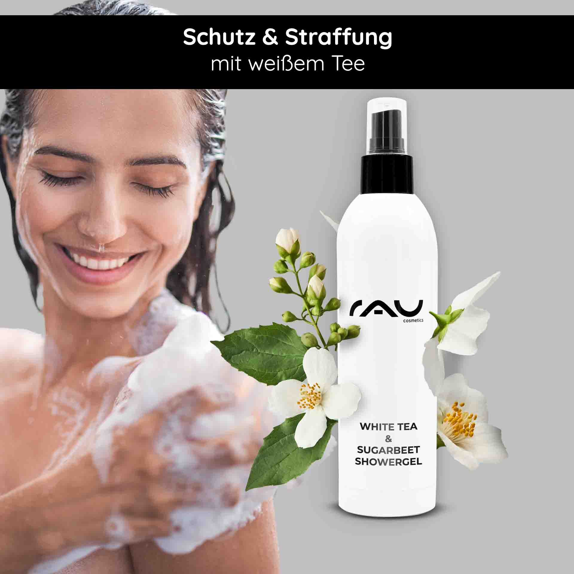 White Tea & Sugar Beet Shower Gel 500 ml Shower Gel Duschgel mit weißem Tee und Zuckerrüben-Extrakt, lächelnde Frau beim Duschen, schäumende Reinigung, natürliche Inhaltsstoffe, RAU Cosmetics.
