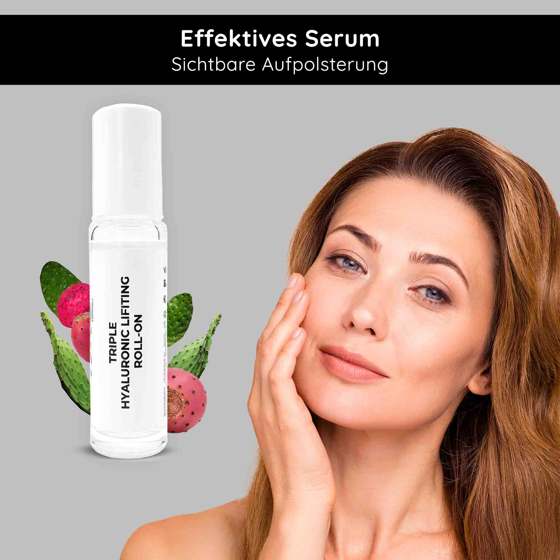 Triple Hyaluronic Serum Roll-On 10 ml with triple hyaluronic acids Dreifach-Hyaluron-Lifting-Serum-Roll-On 10 ml mit einer Frau, die Serum auf ihr Gesicht aufträgt, umgeben von Kaktusfrüchten, wodurch die effektiven Anti-Aging- und Feuchtigkeitsvorteile hervorgehoben werden.