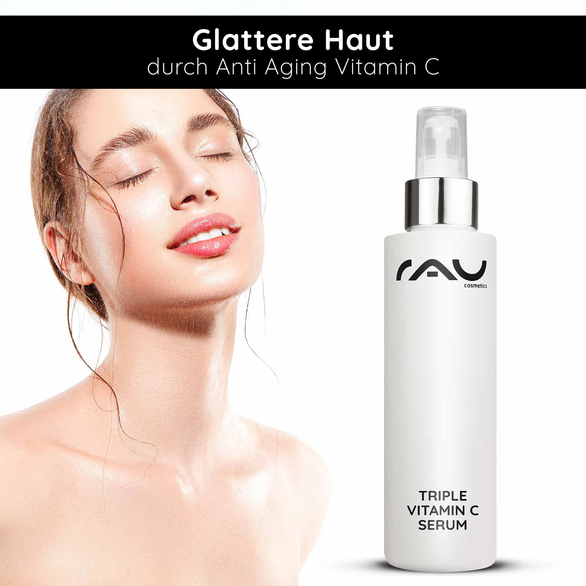 Triple Vitamin C Serum 100 ml with 11% vitamin C acids Frau mit strahlender Haut und RAU Triple Vitamin C Serum, Anti-Aging-Wirkung, feuchtigkeitsspendend, kosmetisches Produkt.