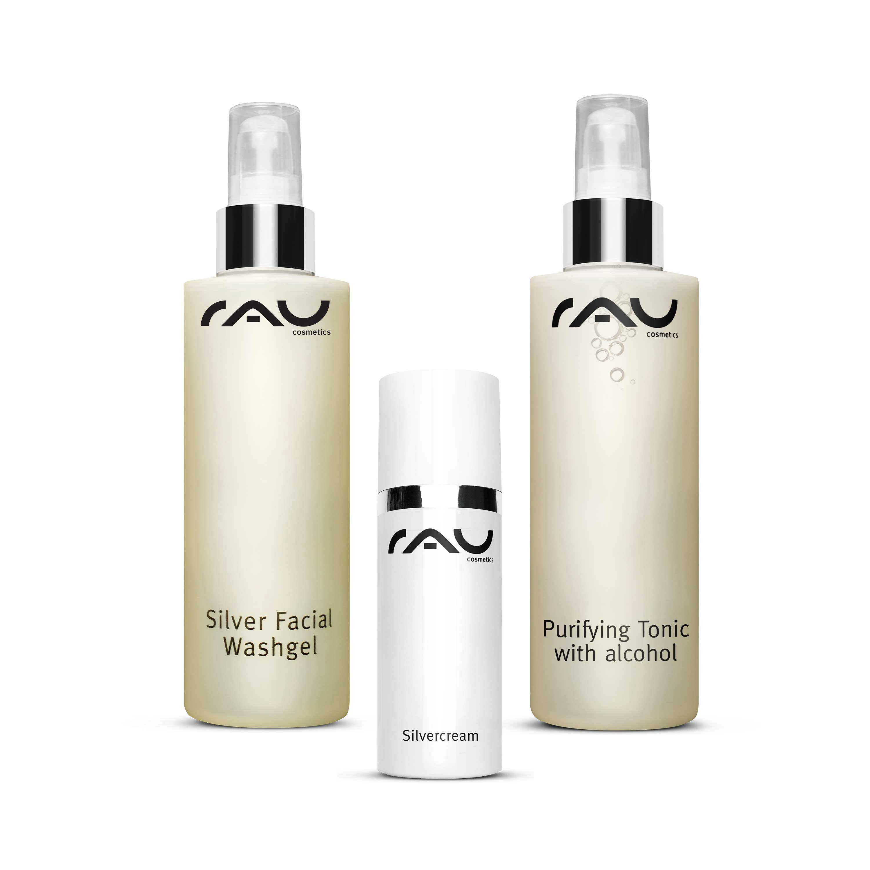 RAU Cosmetics skincare set with Silver Facial Wash Gel, Purifying Tonic with alcohol, and Silver Cream for the care of blemished skin.