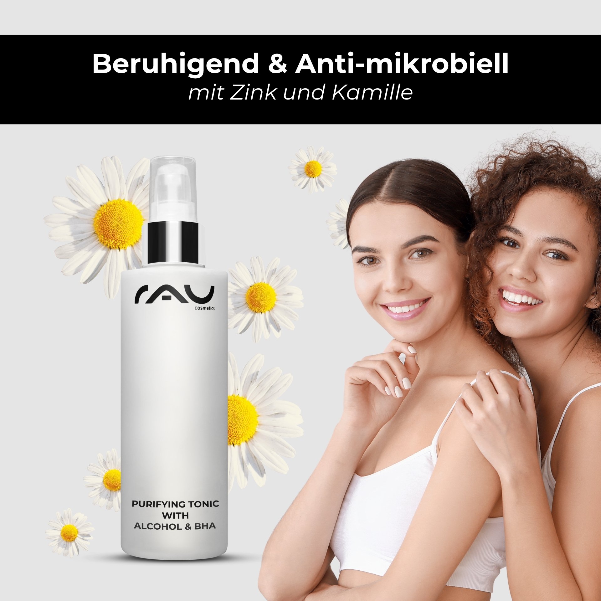 A woman presents the Purifying Tonic bottle for a clear complexion.