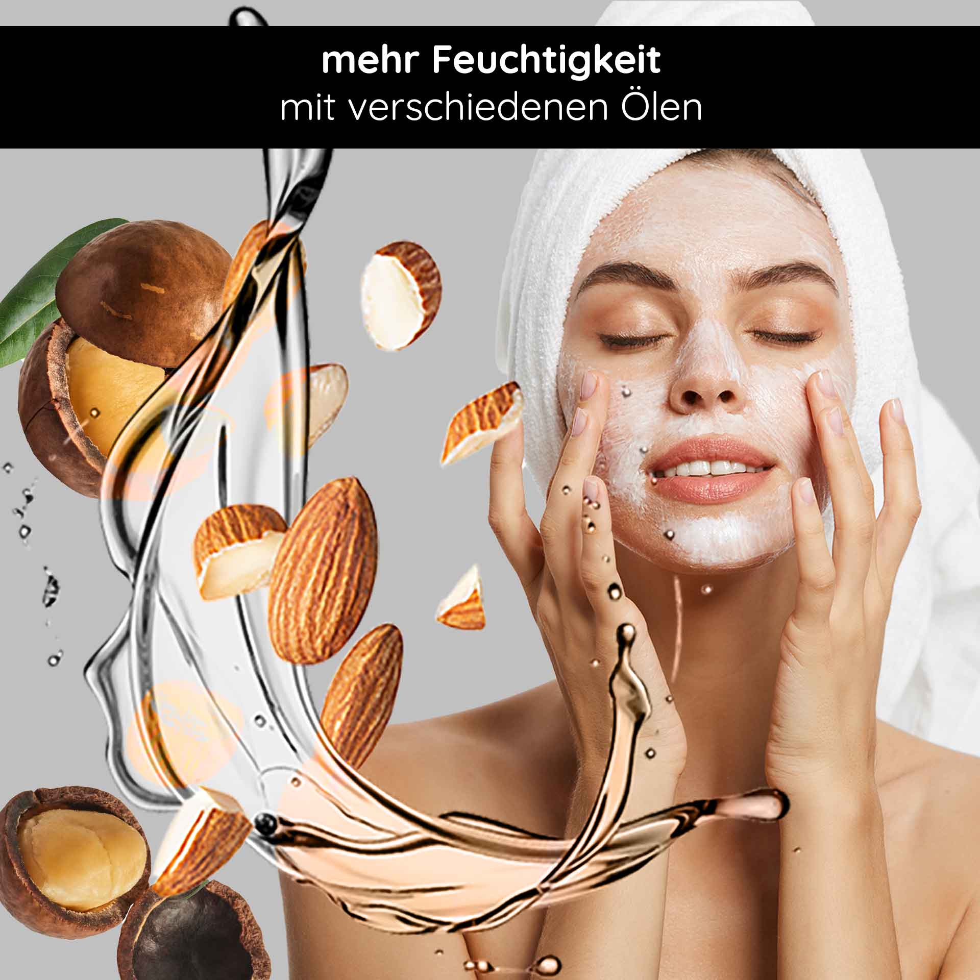 Beta Glucan Recovery Mask 200 ml Mask for Irritated Skin Frau mit Hand im Gesicht, die Gesichtsmaske aufträgt, umgeben von Nüssen und Ölen, Text: "mehr Feuchtigkeit mit verschiedenen Ölen", visuelle Darstellung von Hautpflege und Feuchtigkeitspflege.