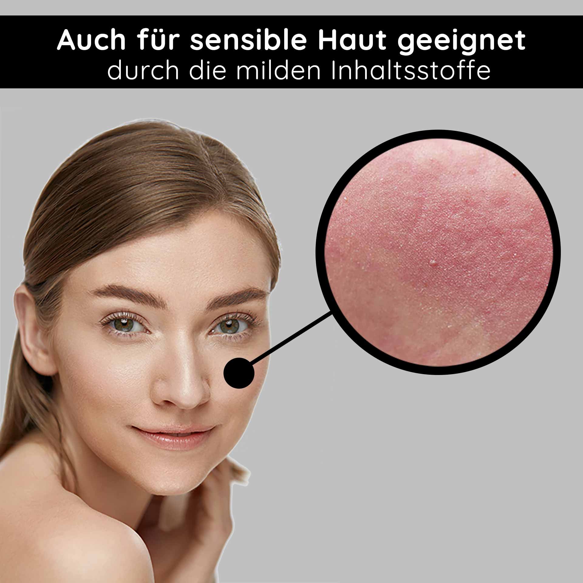 Protection for sensitive skin: Close-up of a woman with a radiant complexion emphasizing the mild ingredients of the cream.