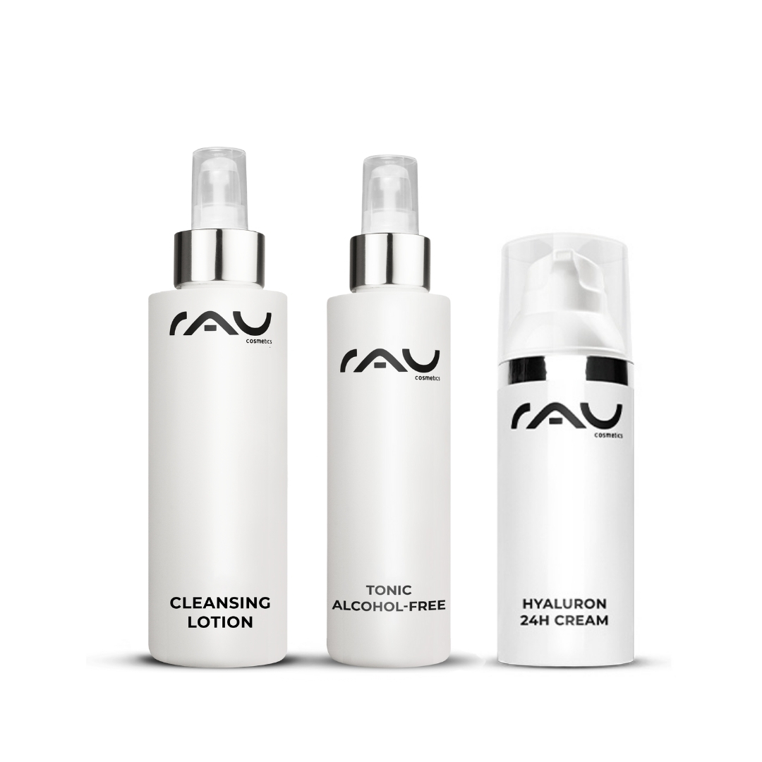 Basic care routine for dry skin Basis Pflegeroutine für trockene Haut mit sanfter Reinigungslotion, alkoholfreiem Tonic und 24h Hyaluron-Creme von RAU Cosmetics.