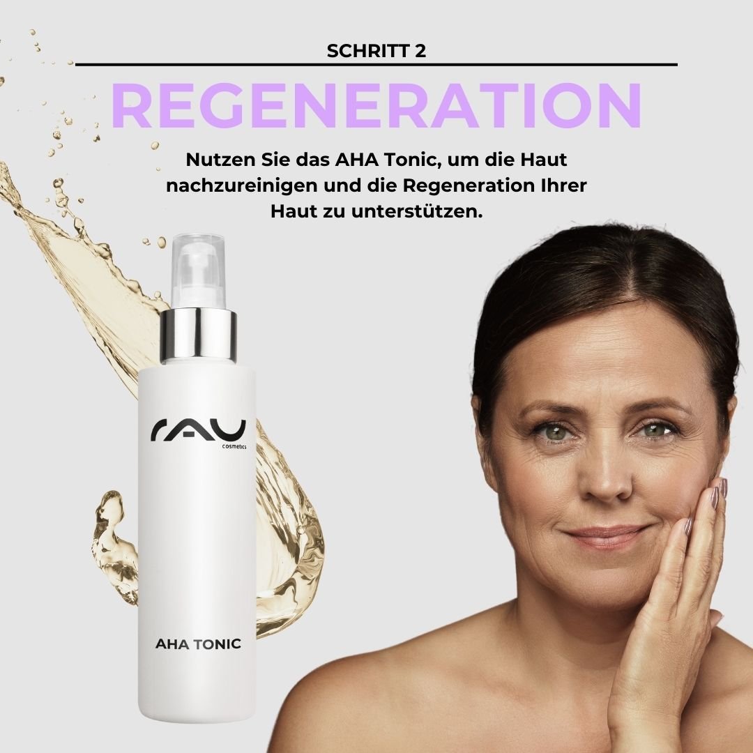 AHA Tonic bottle with RAU Cosmetics branding and a woman gently touching her face, emphasizing skincare for mature skin and regeneration benefits.